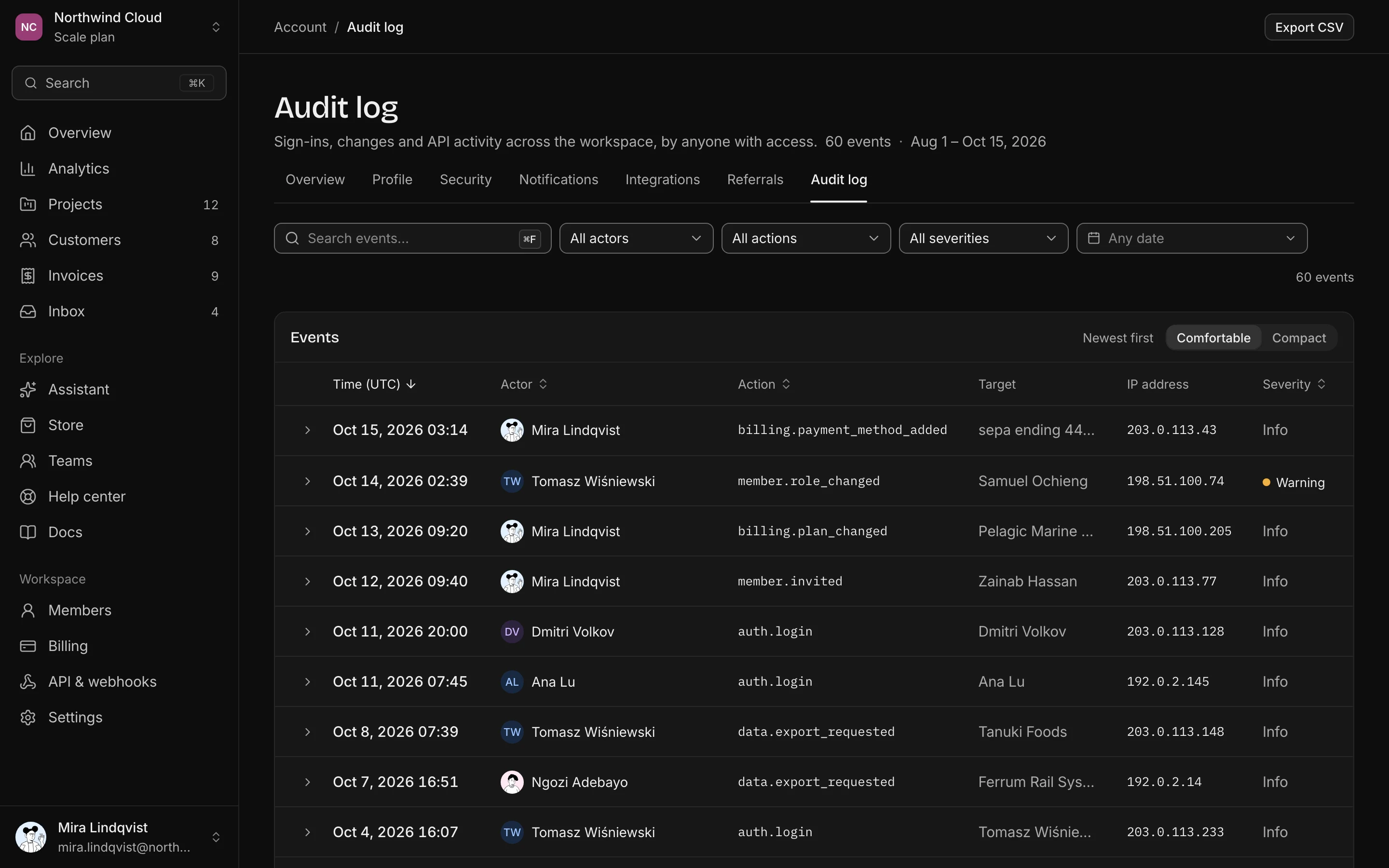 Account audit log, dark mode