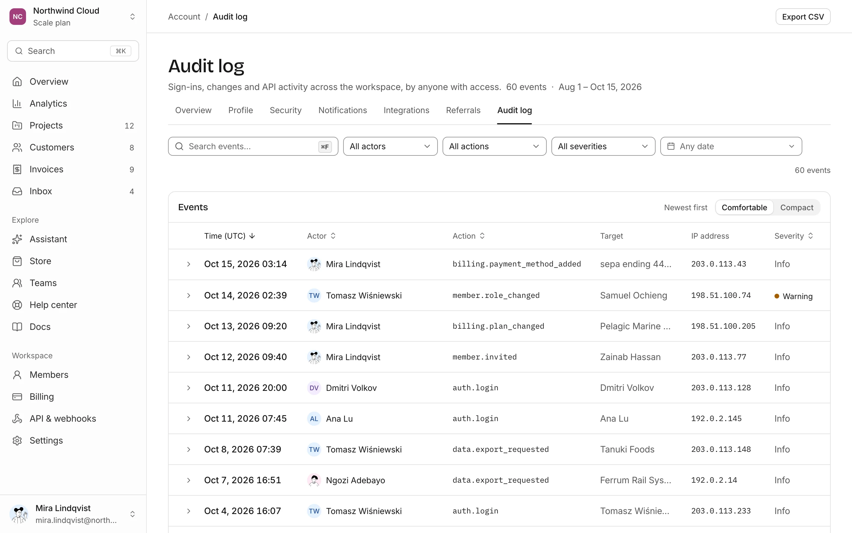 Account audit log, light mode