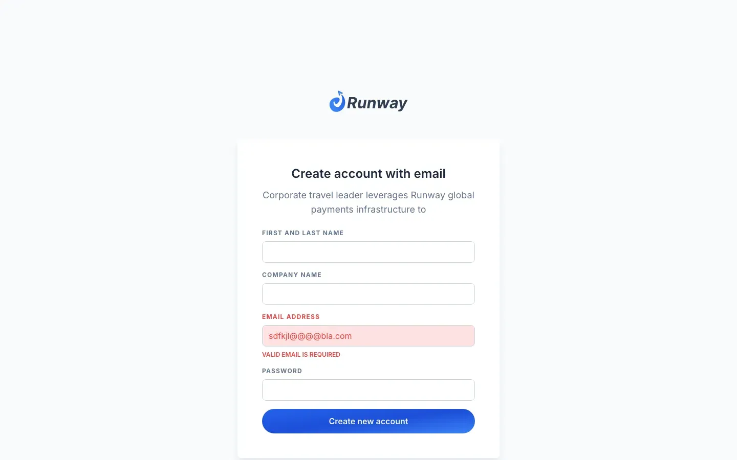 Runway: Create account, validation