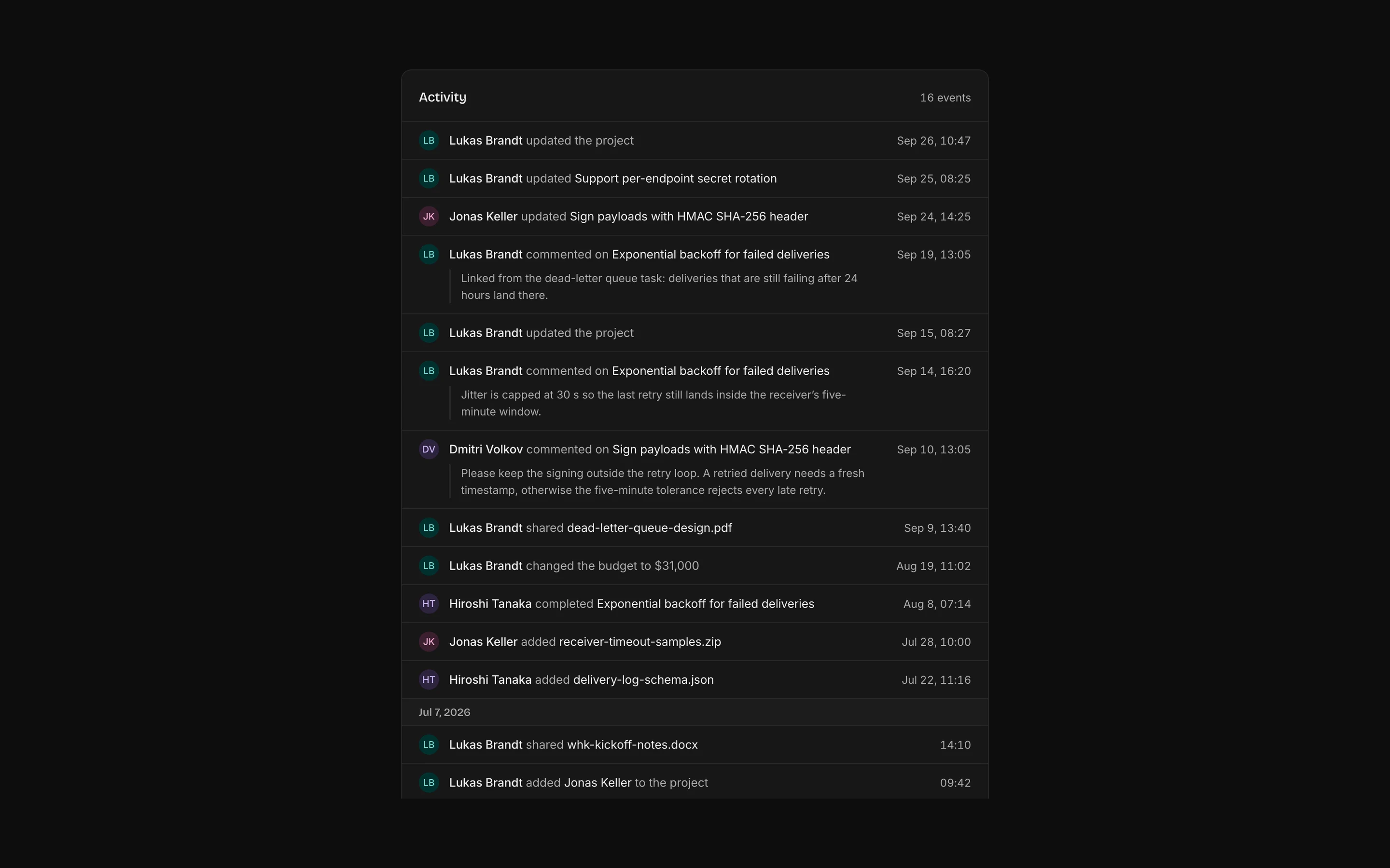 Activity timeline, dark mode