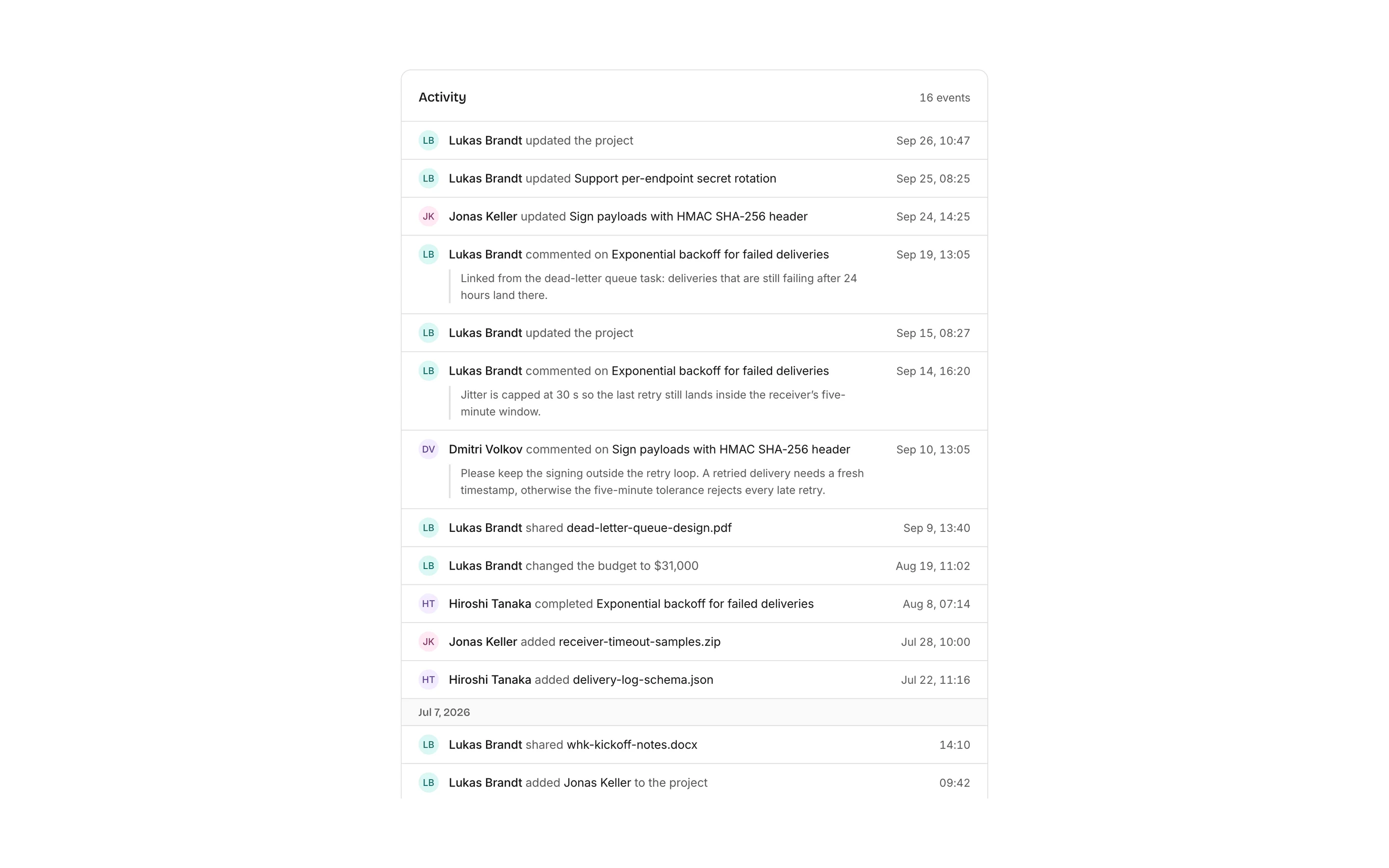 Activity timeline, light mode