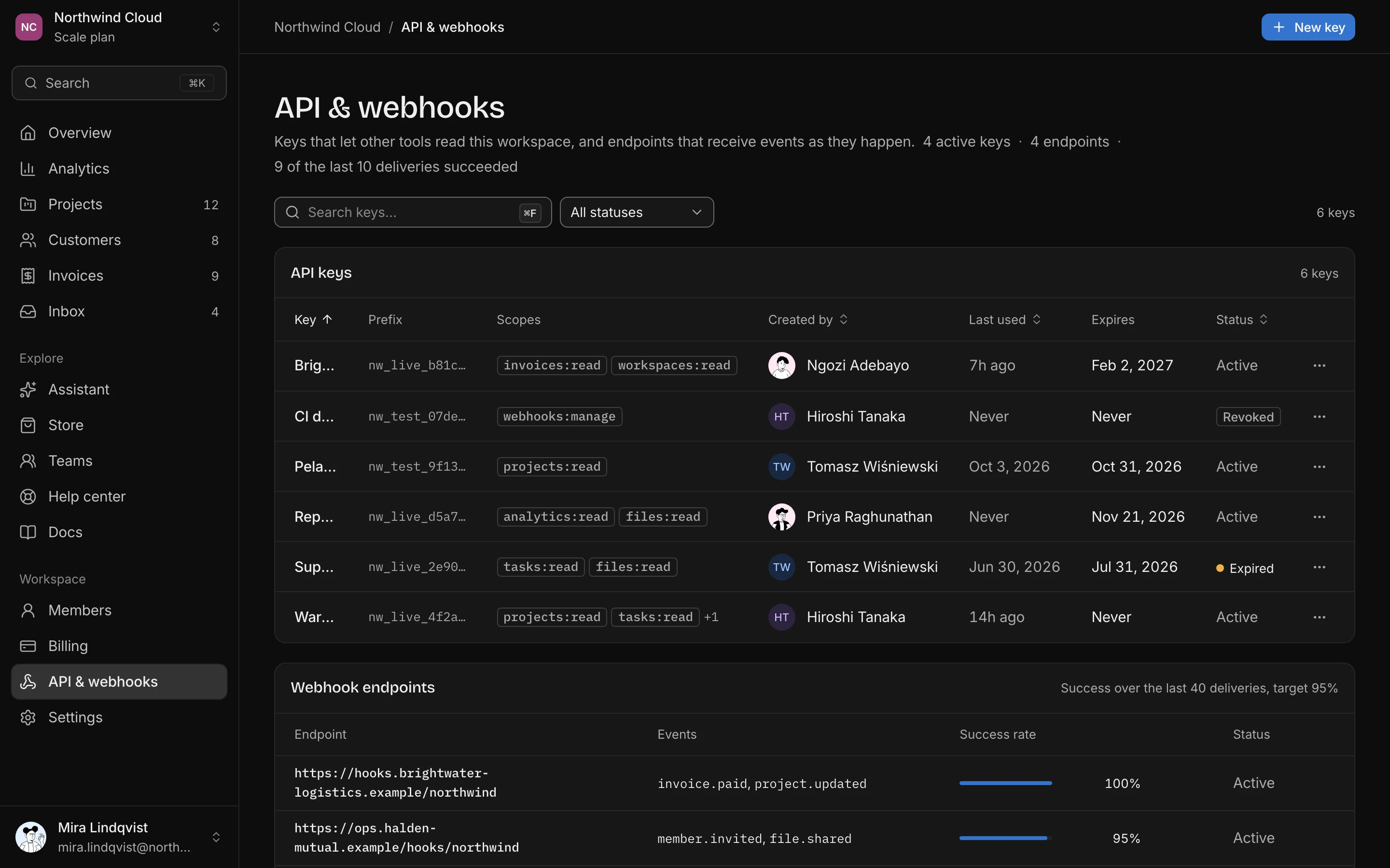 API & webhooks, dark mode
