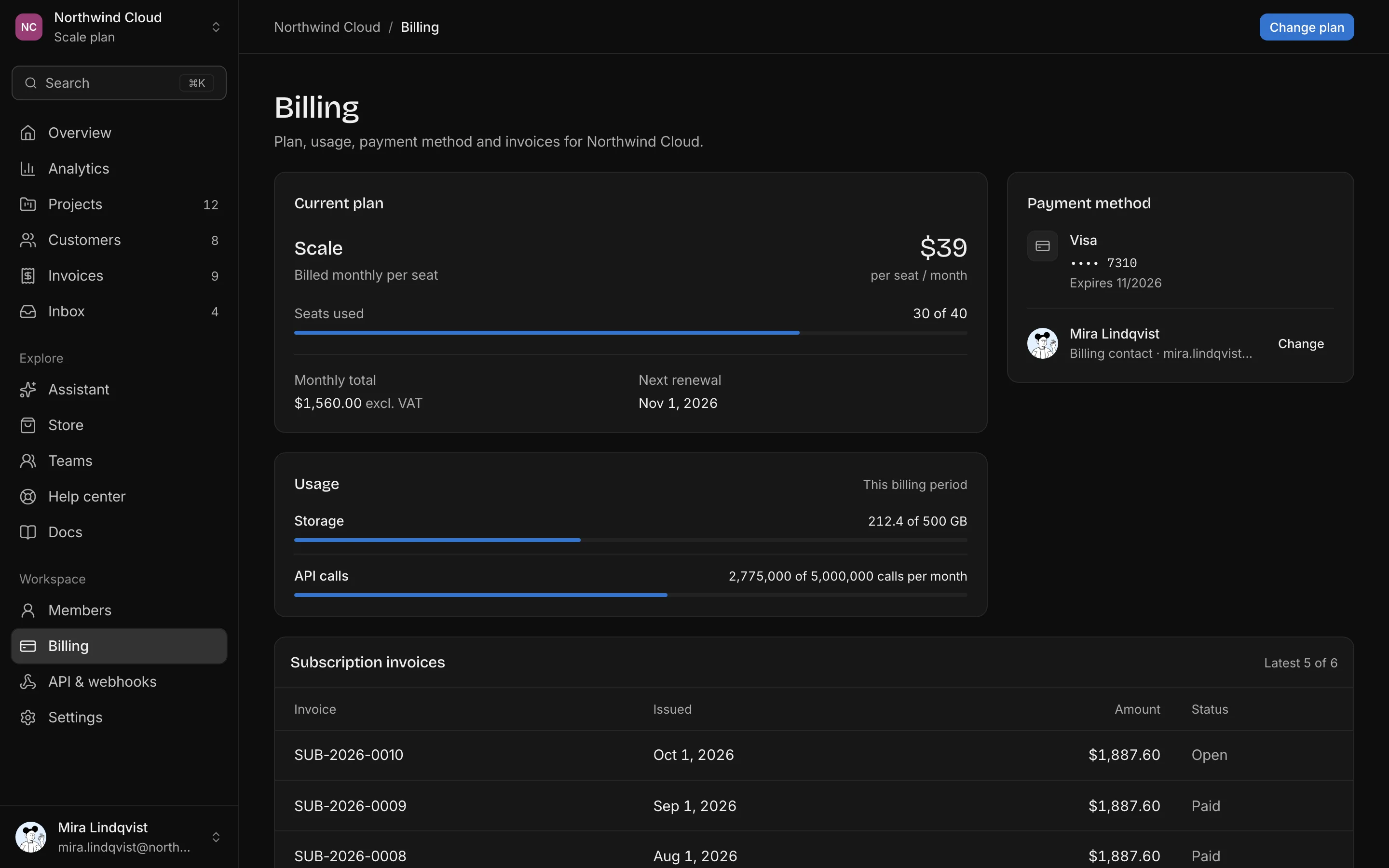 Billing overview, dark mode