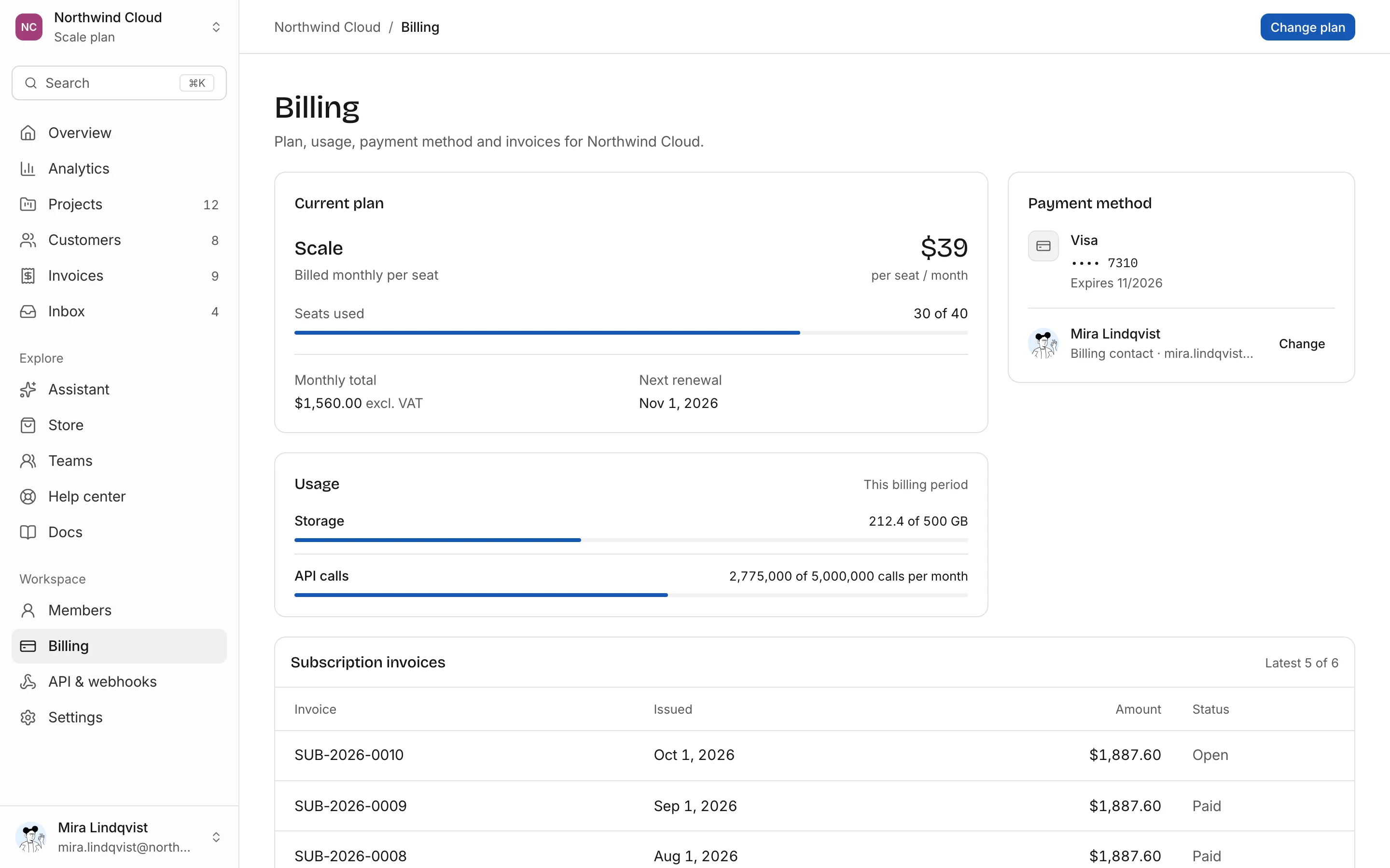 Billing overview, light mode