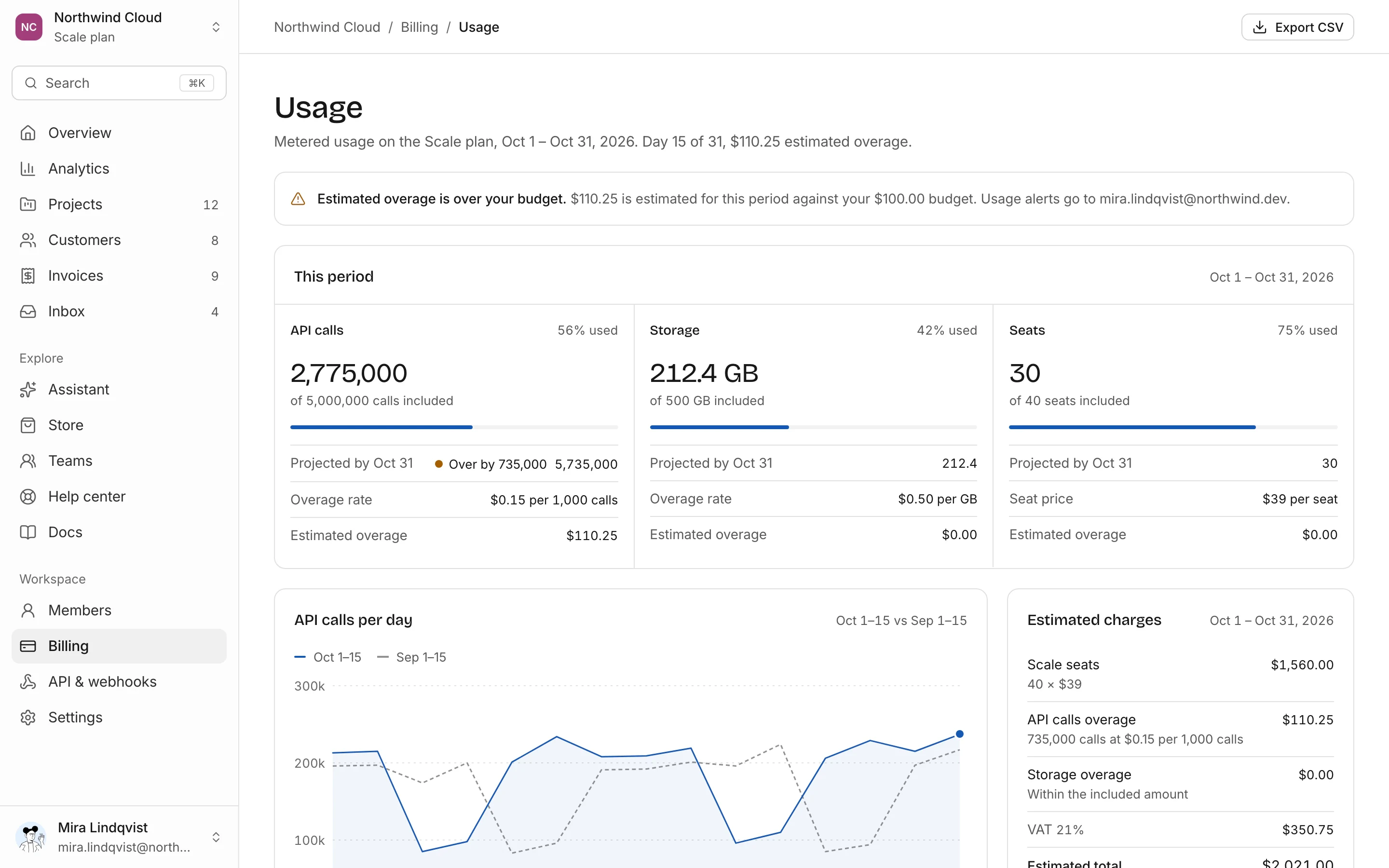 Usage billing, light mode