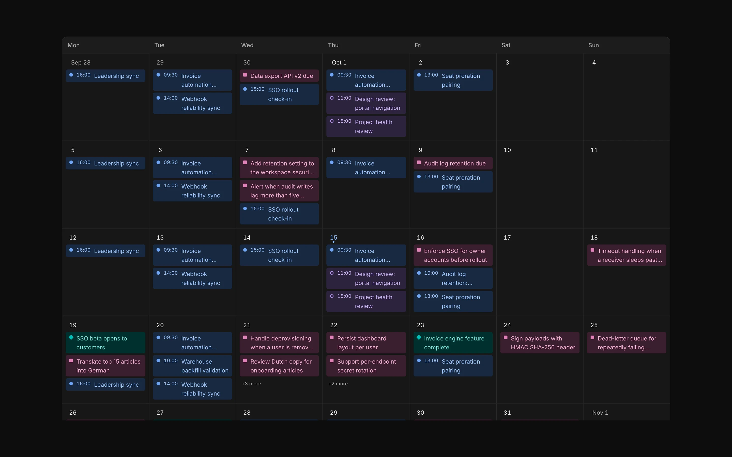 Calendar month, dark mode