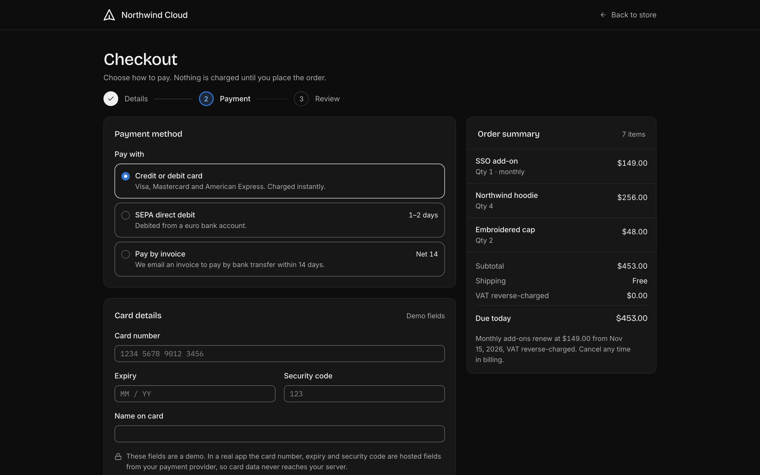 Checkout payment, dark mode