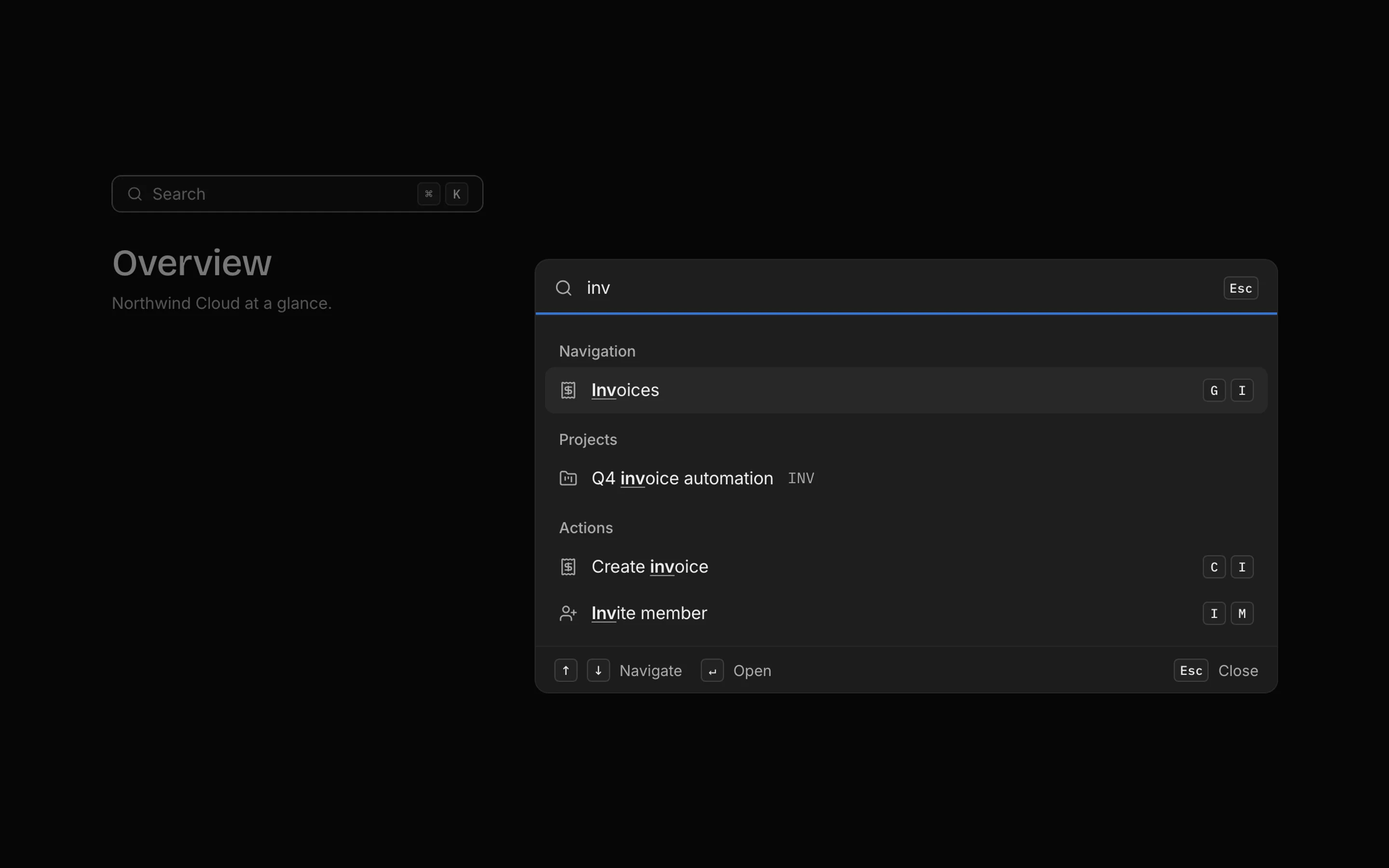 Command palette, dark mode