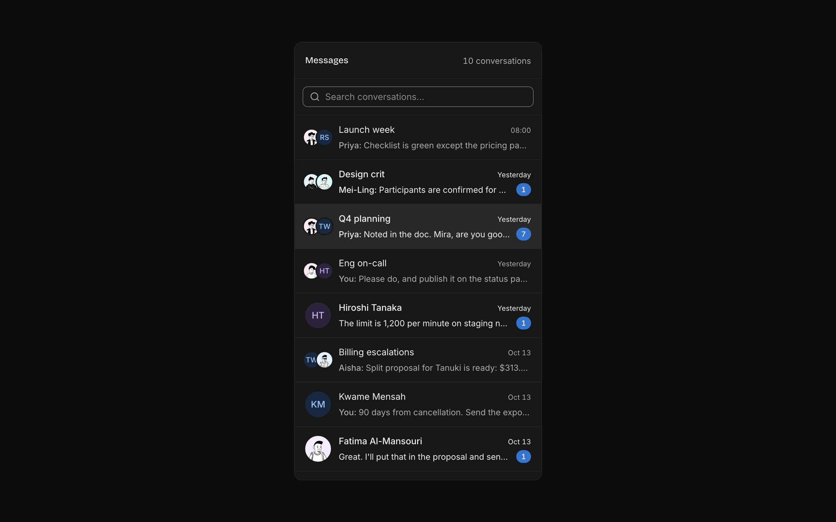 Conversation list, dark mode