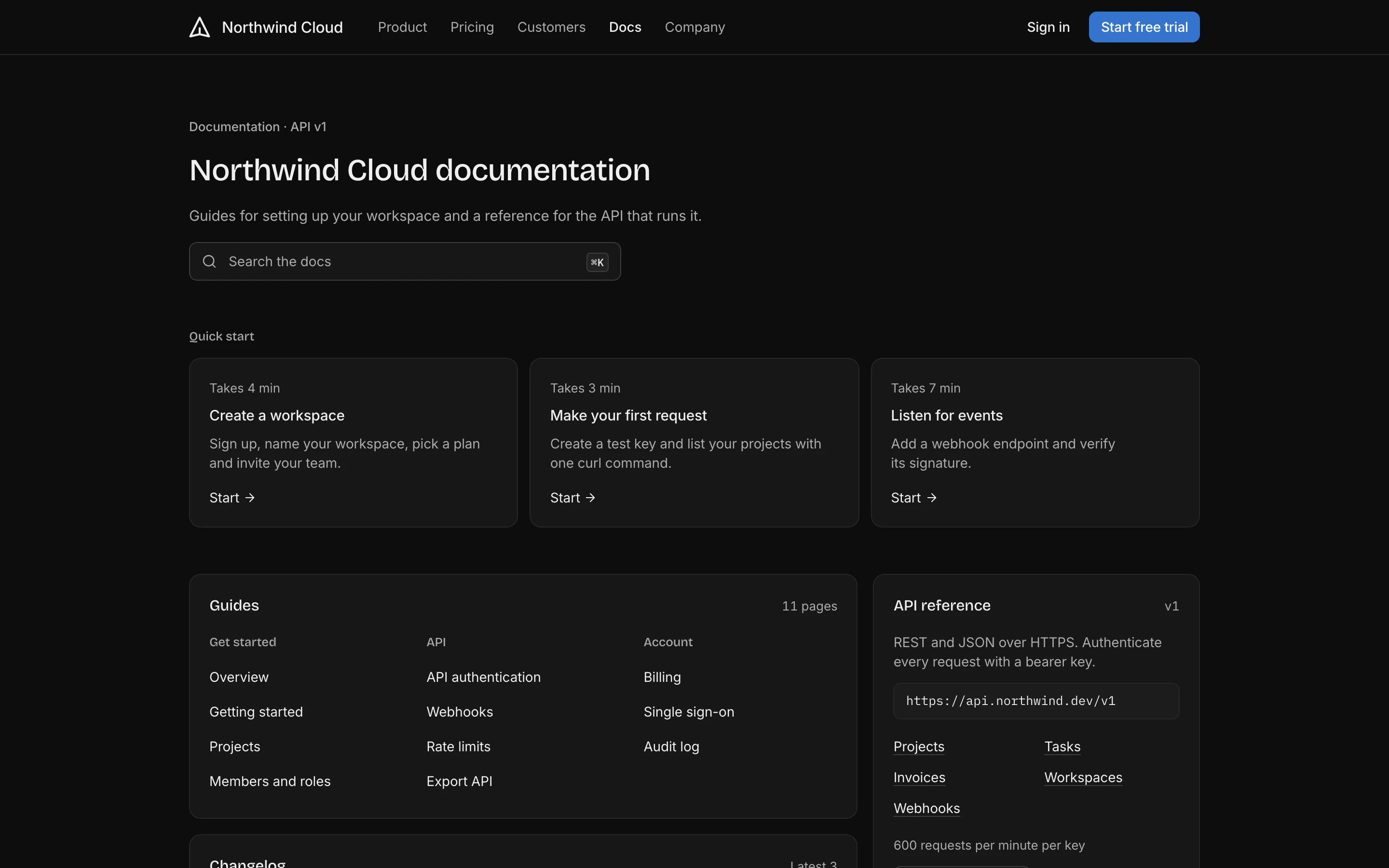 Docs home, dark mode