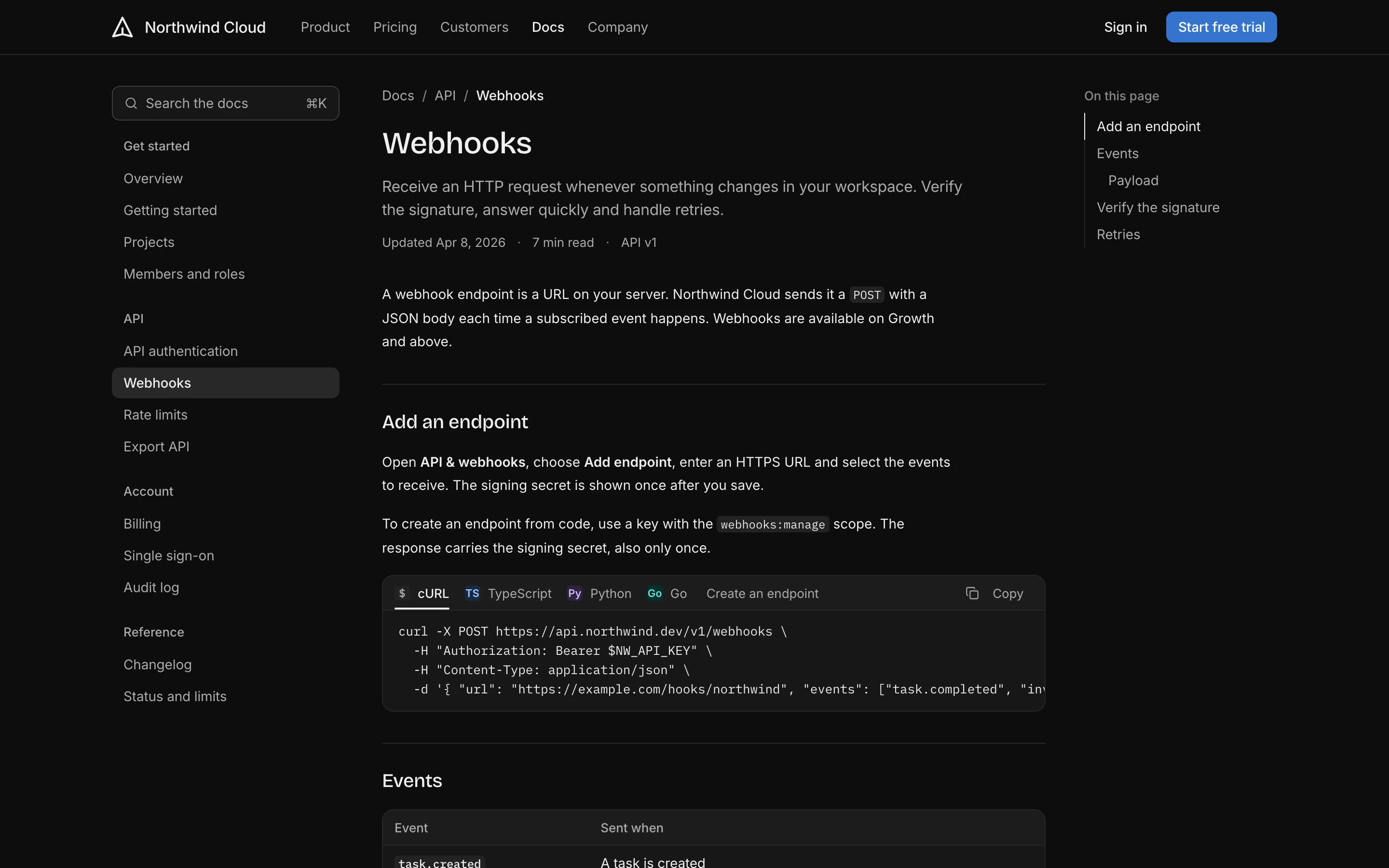 Docs page, dark mode