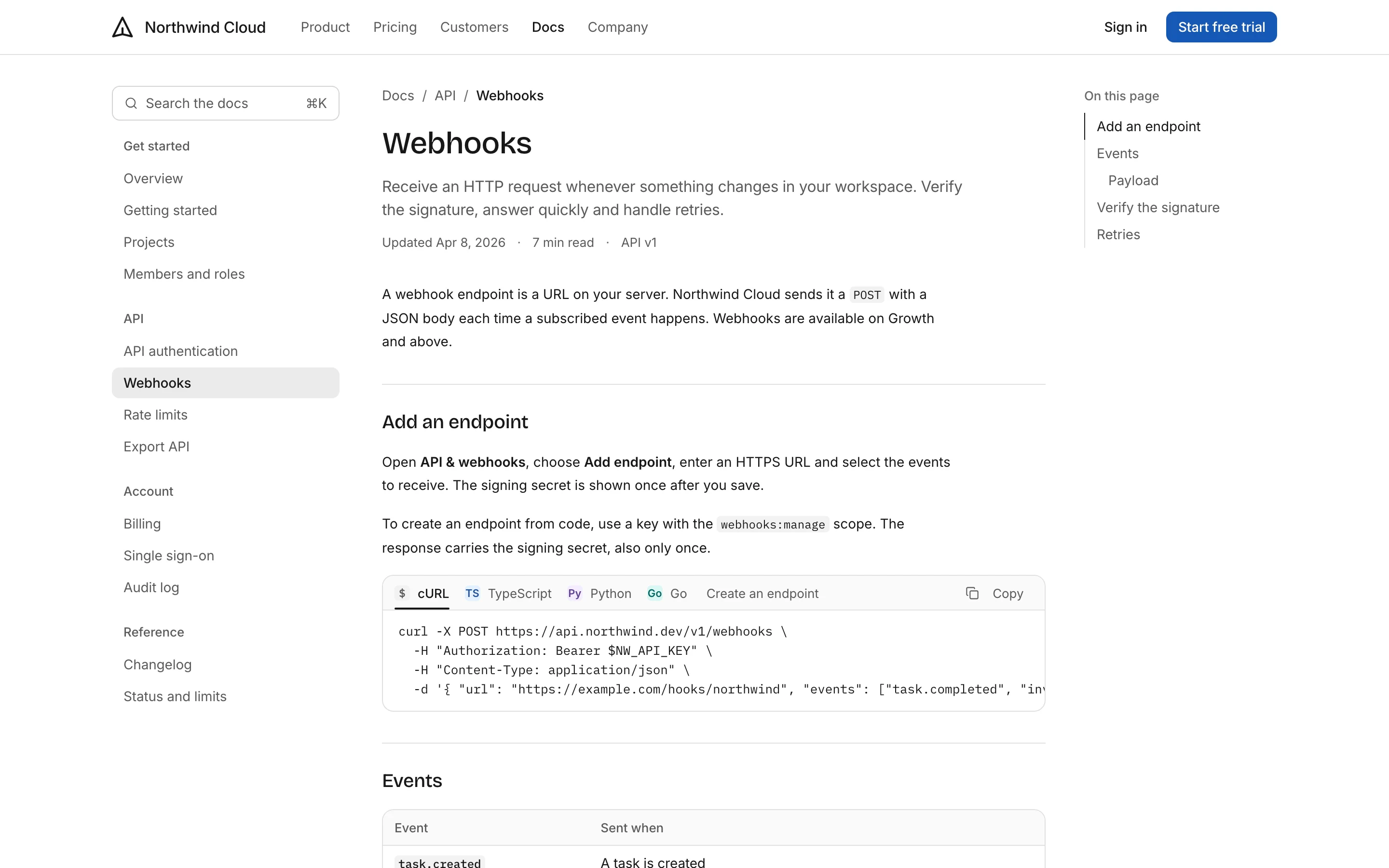 Docs page, light mode