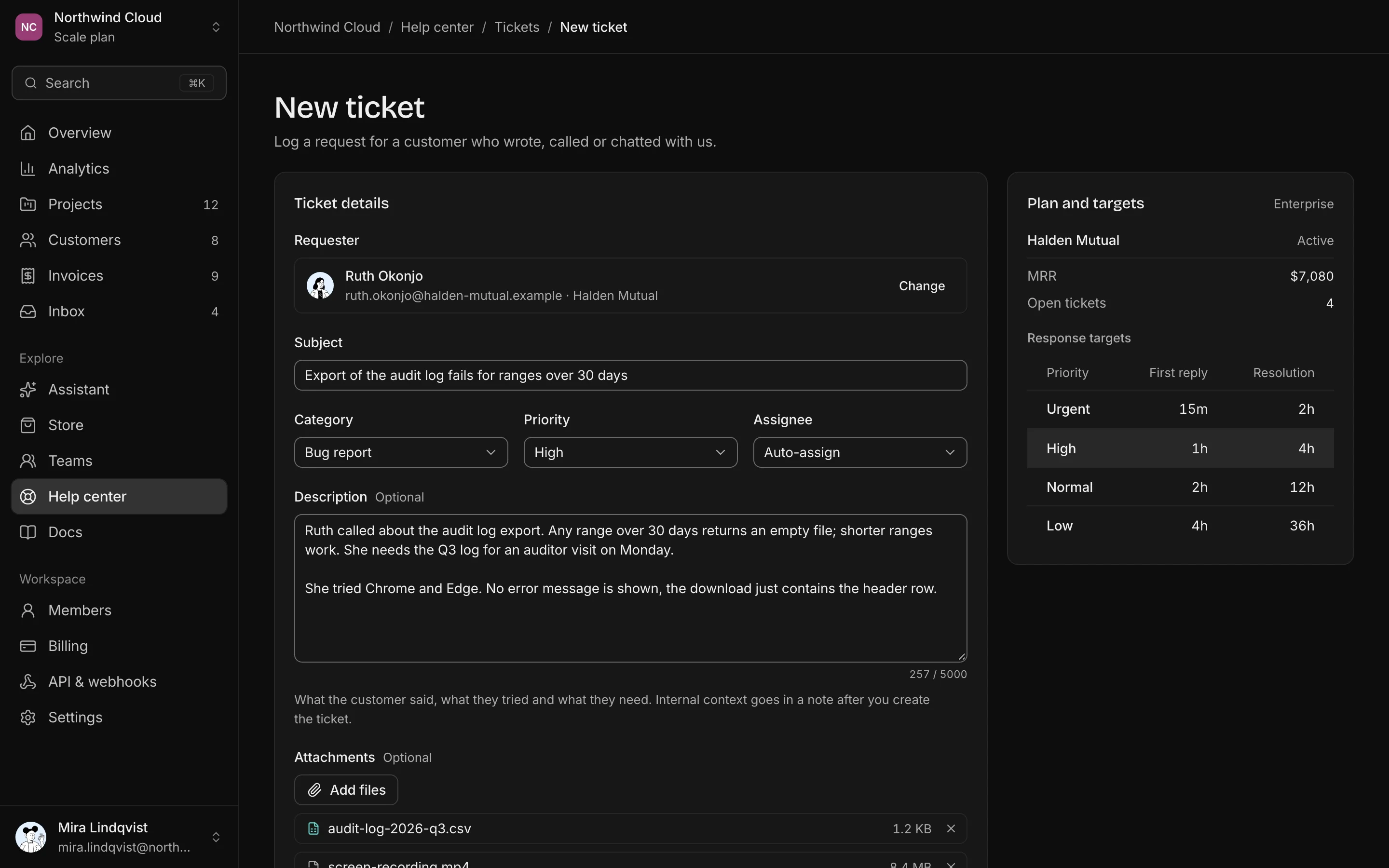 New helpdesk ticket, dark mode