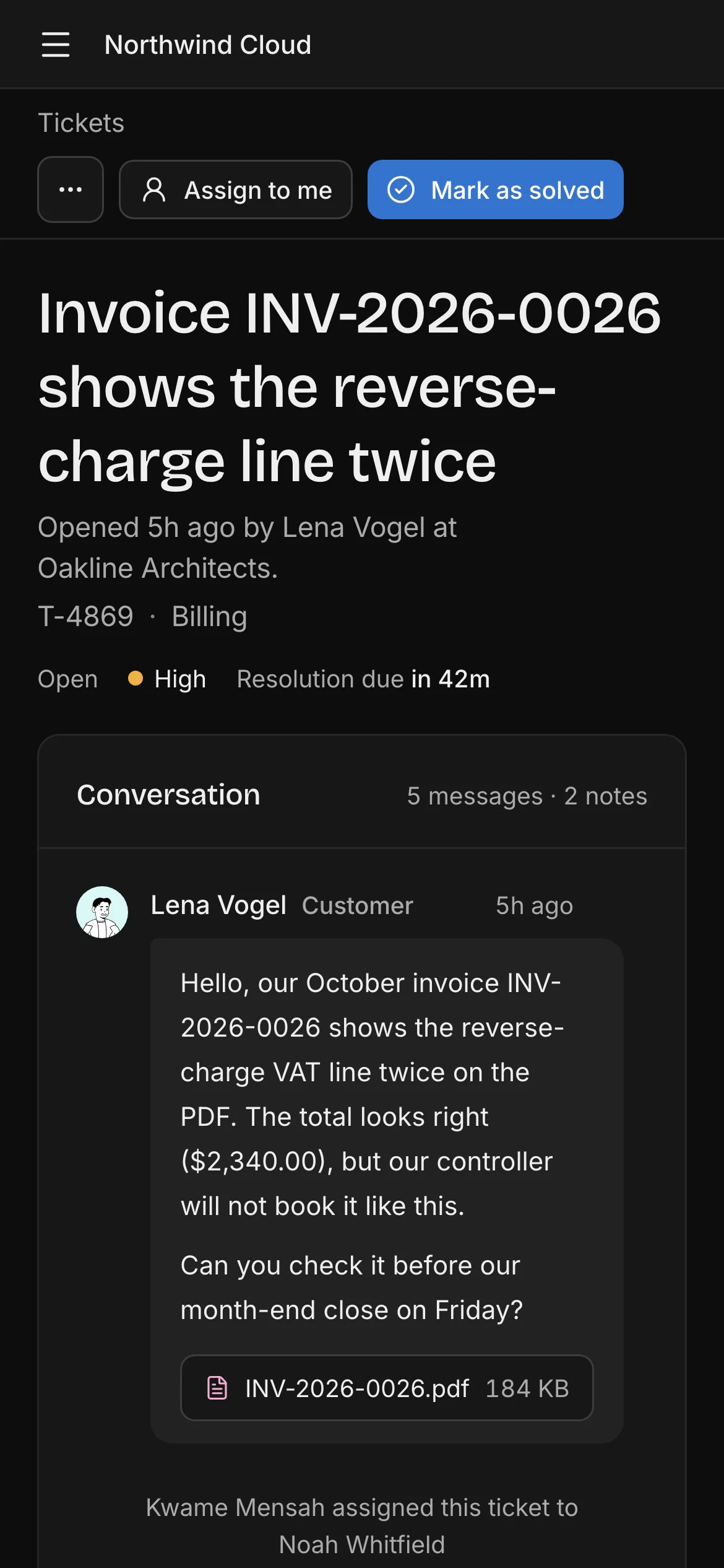 Helpdesk ticket on a phone, dark mode