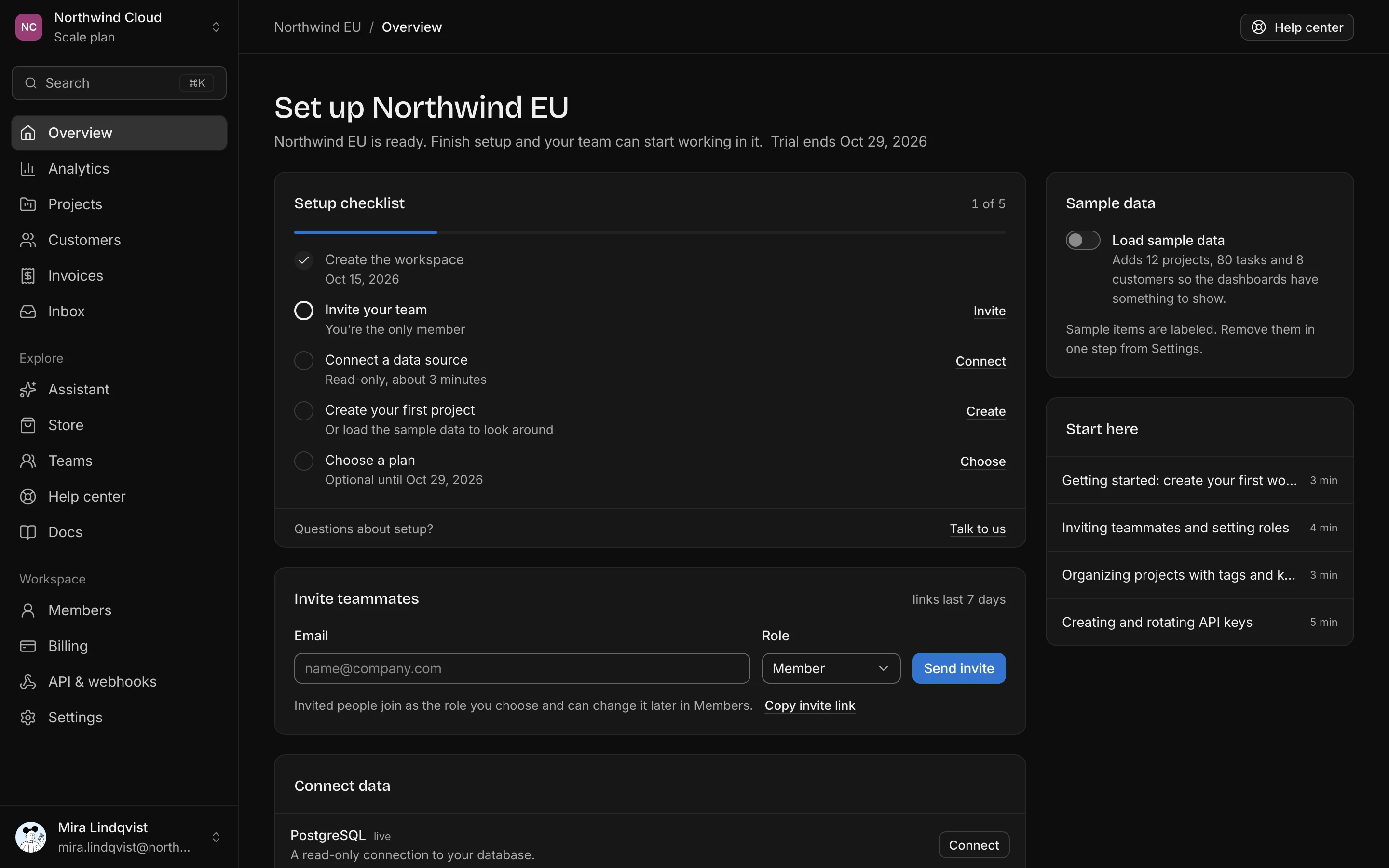 Overview, first run, dark mode