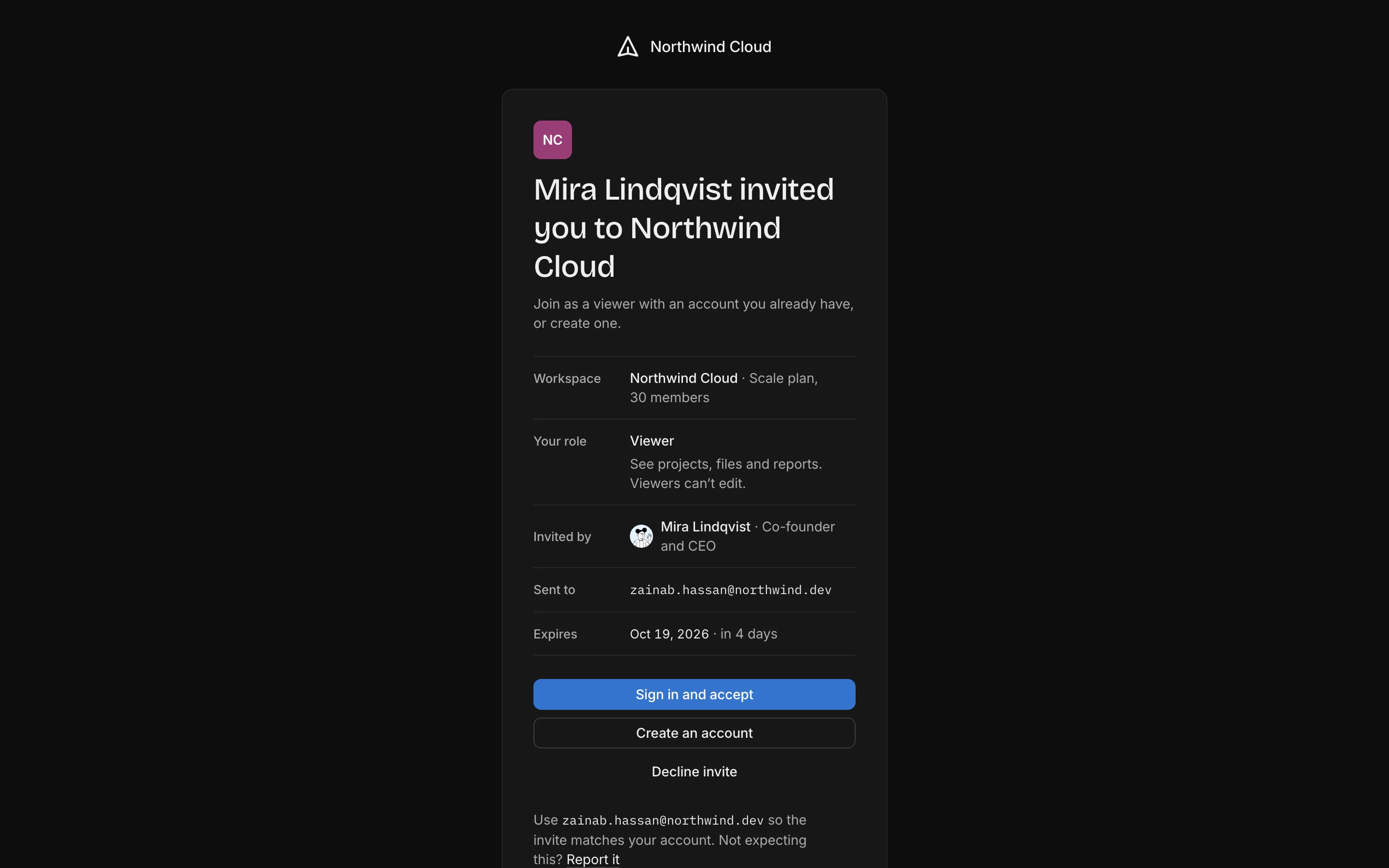 Accept invite, dark mode