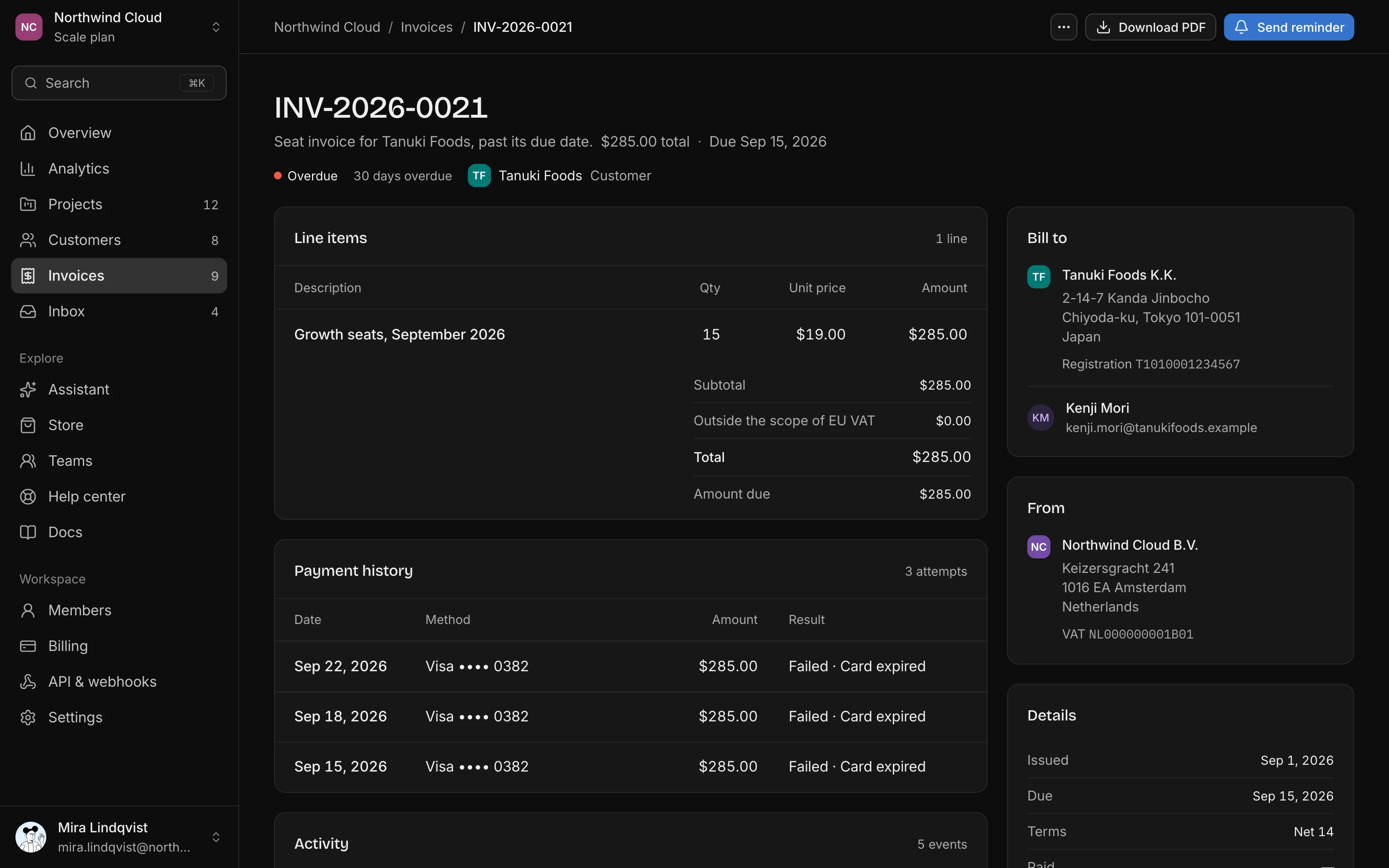 Invoice detail, dark mode