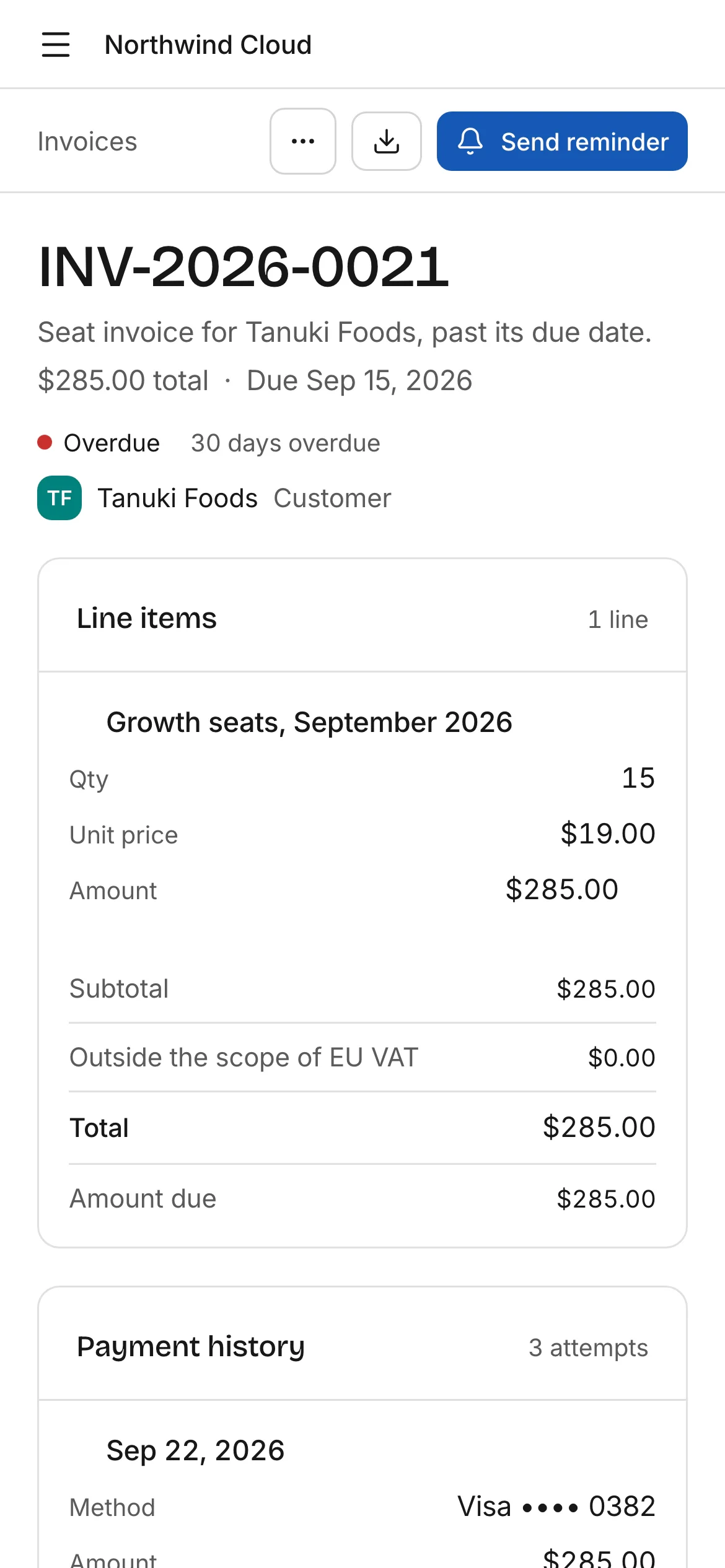 Invoice detail on a phone, light mode