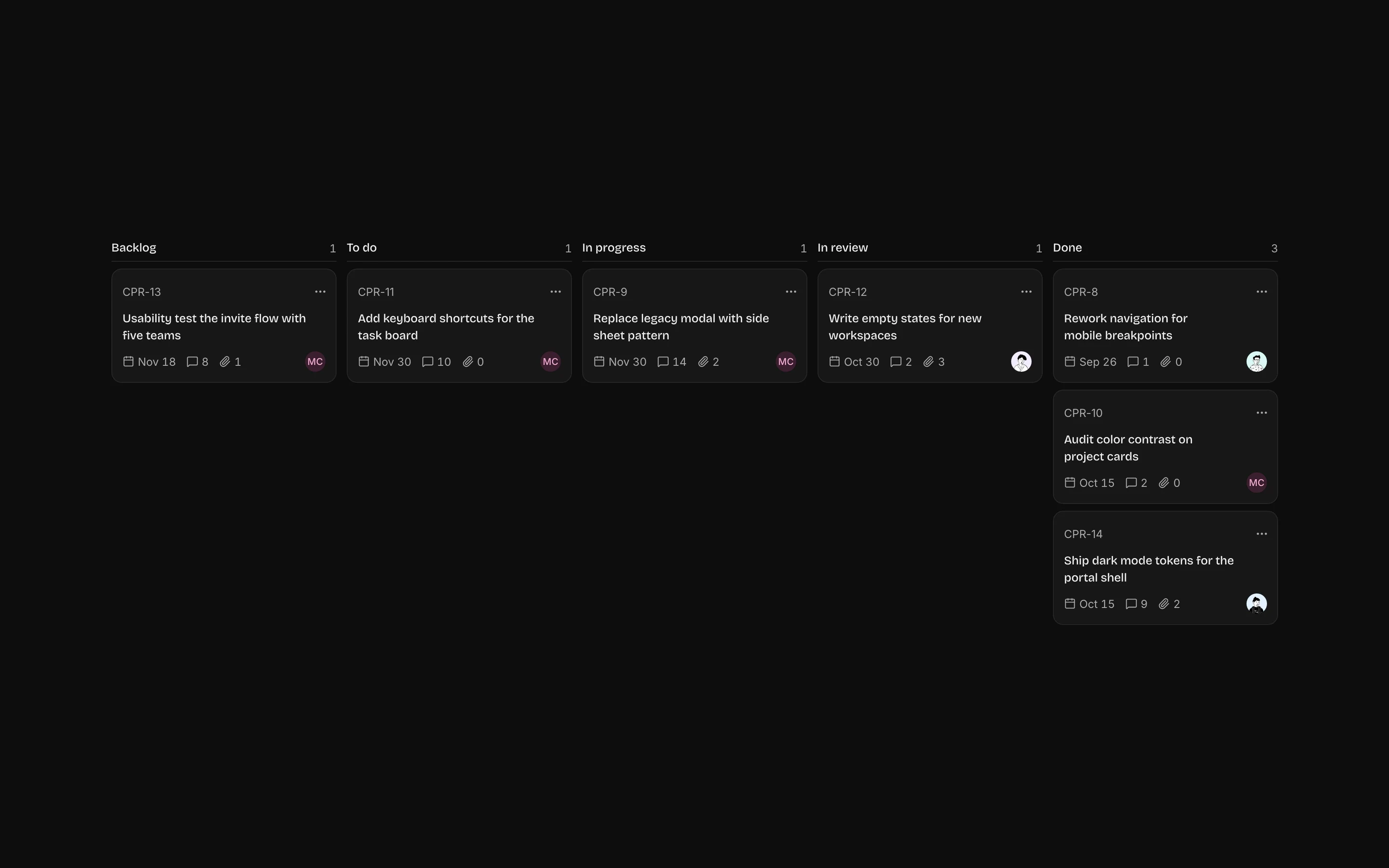 Kanban board, dark mode
