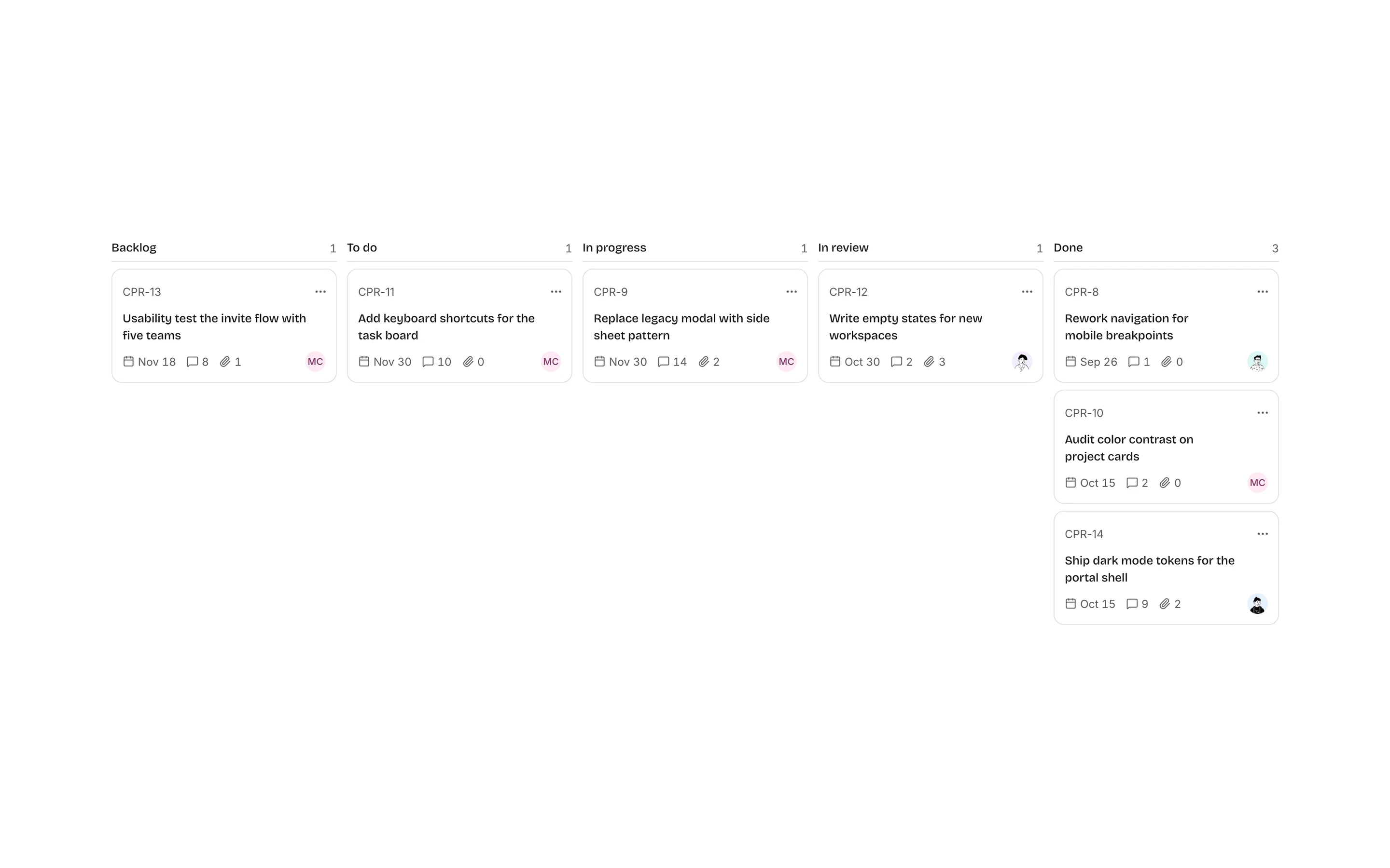 Kanban board, light mode