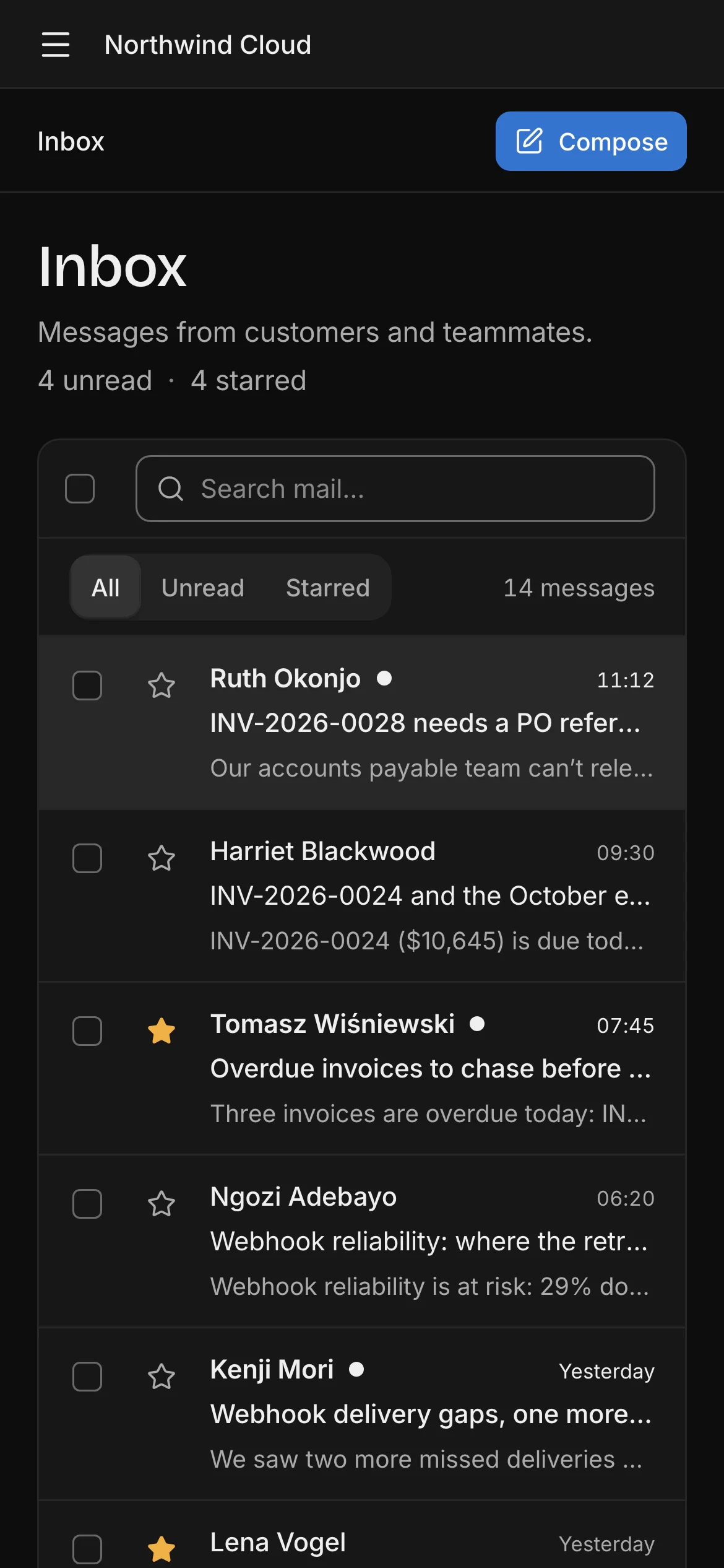 Inbox on a phone, dark mode