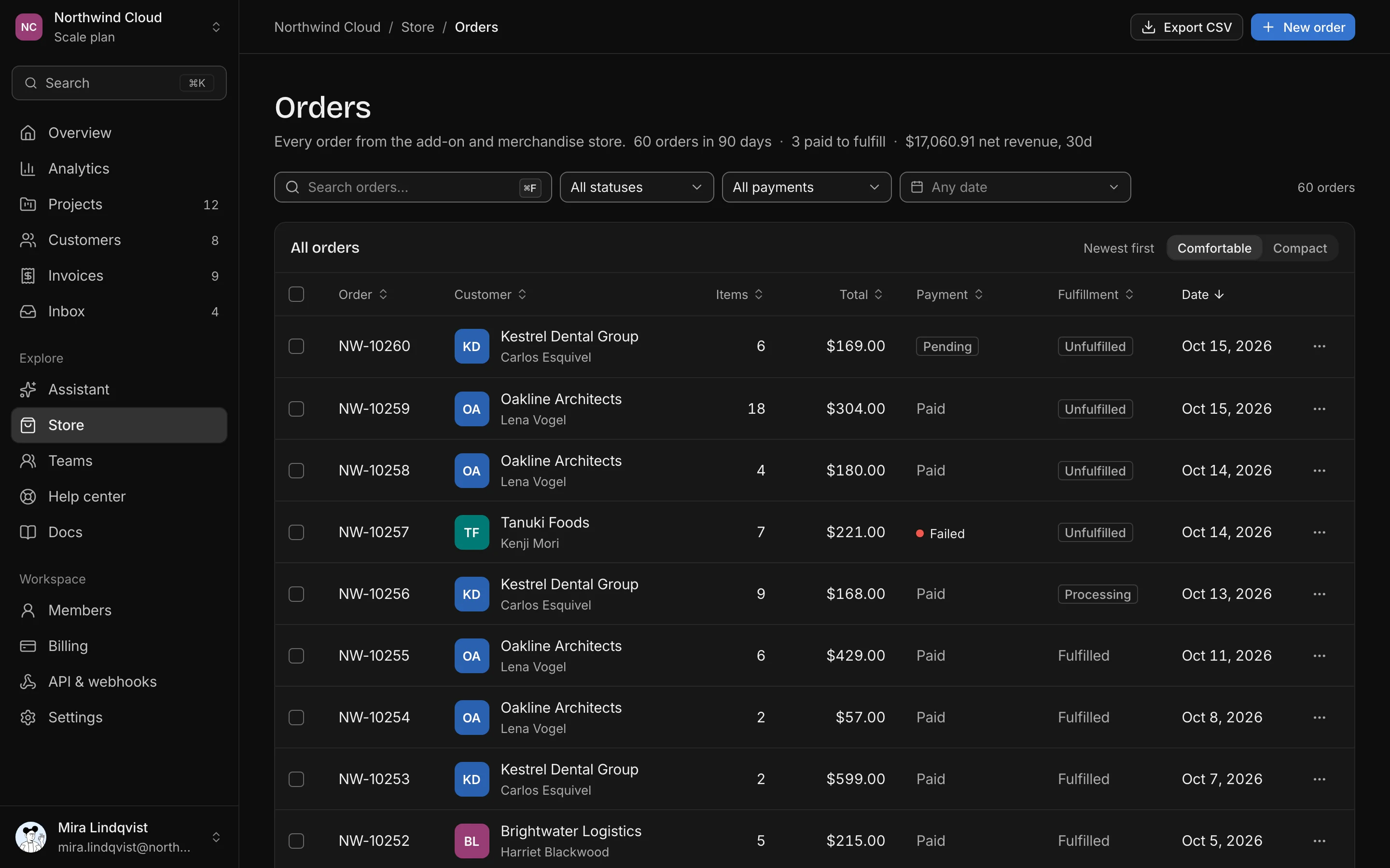 Orders list, dark mode