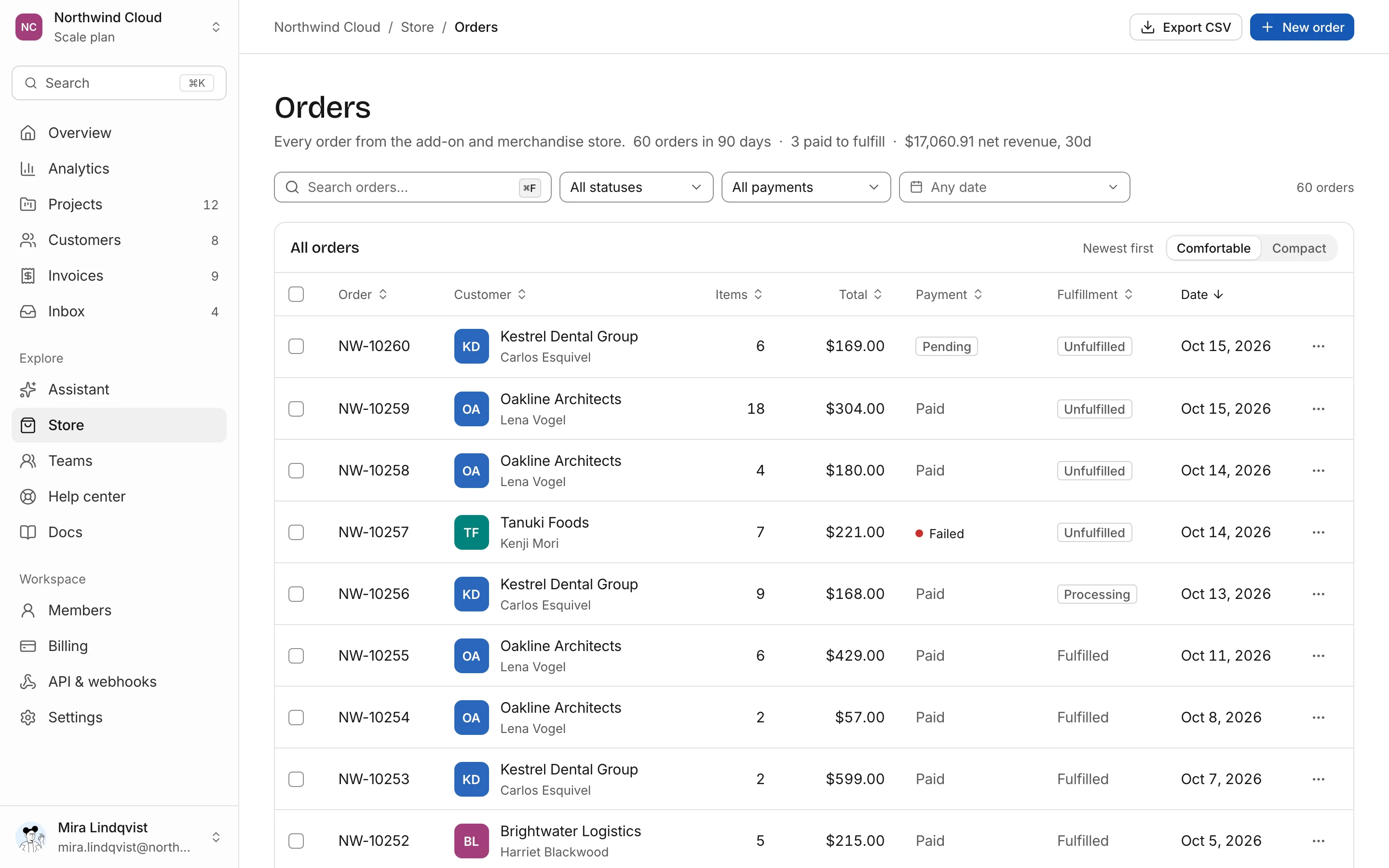 Orders list, light mode