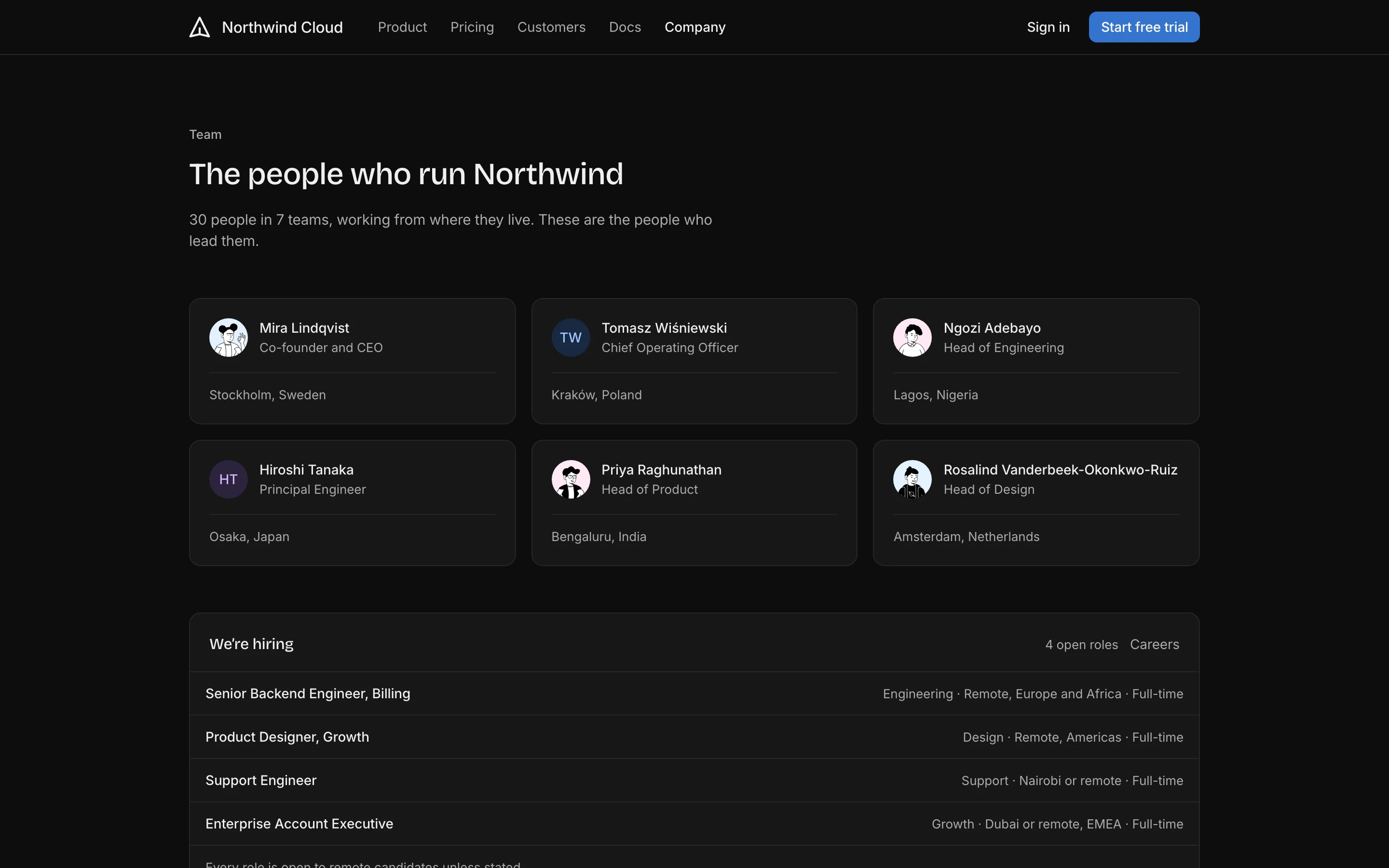 Team page, dark mode