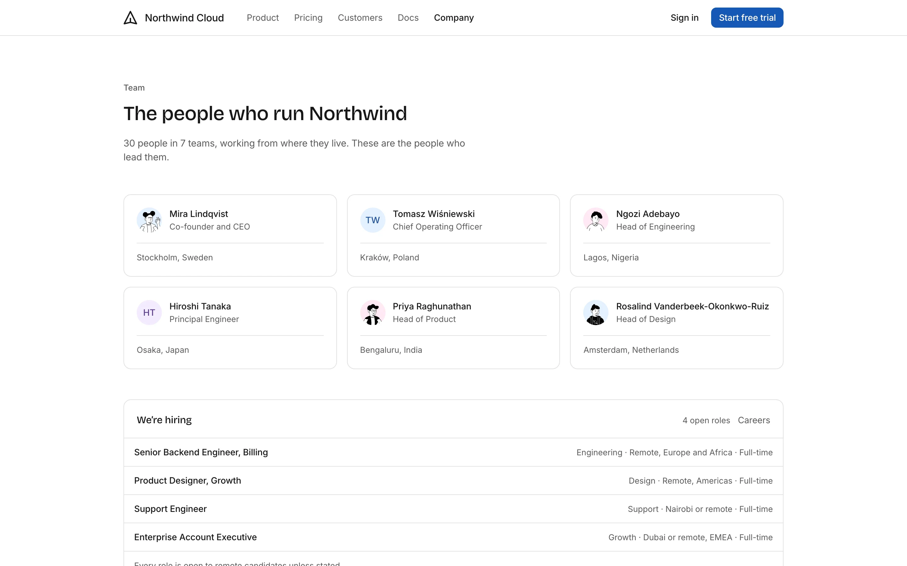 Team page, light mode