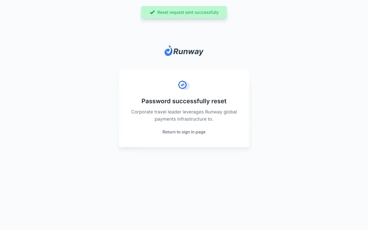 Runway: Password reset sent
