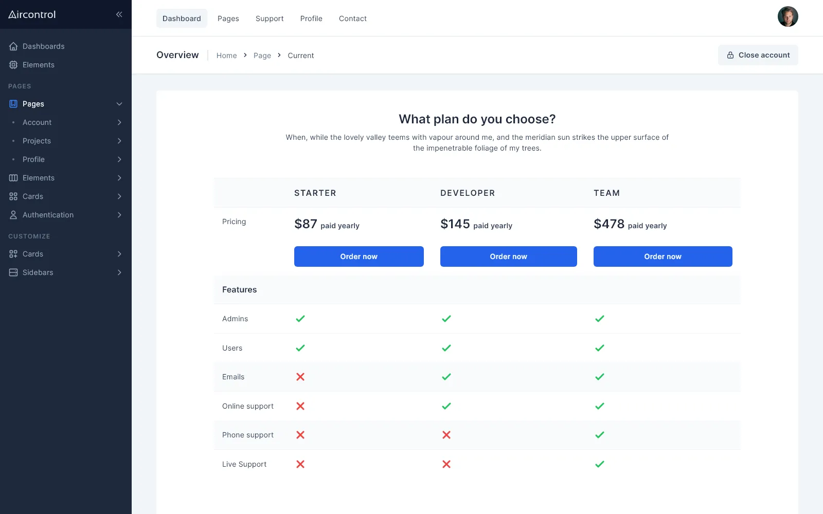 Pricing table