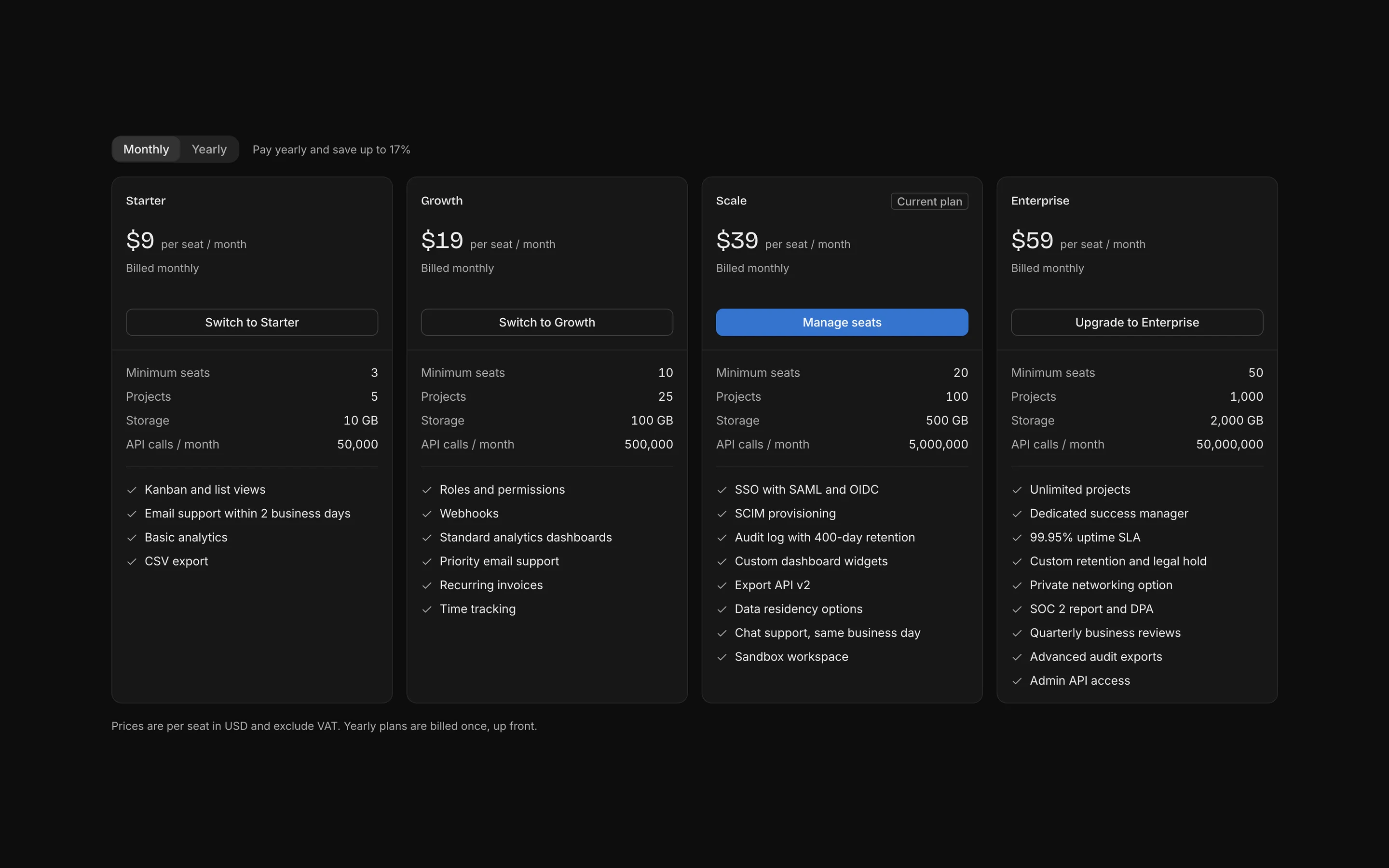 Pricing table, dark mode