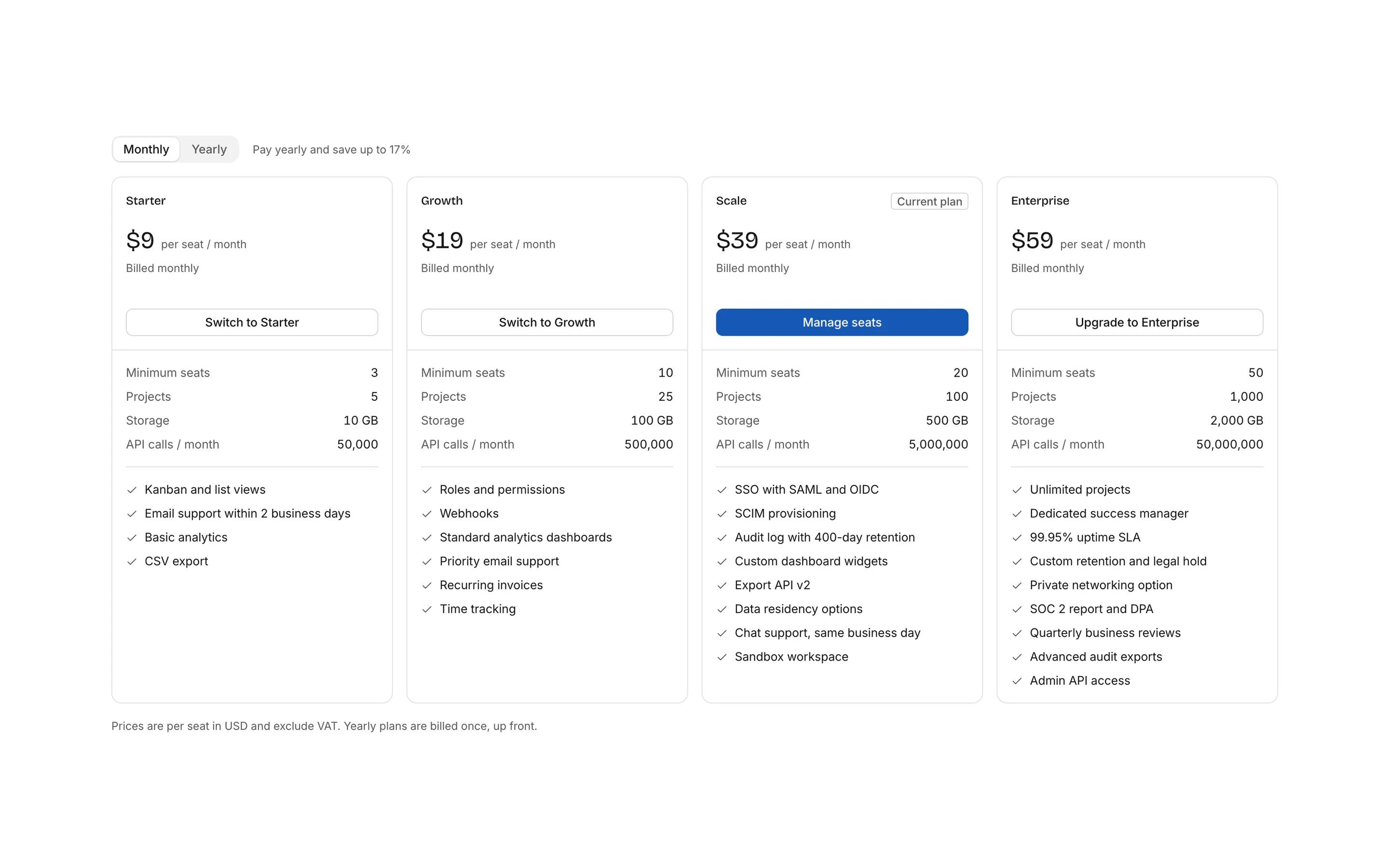 Pricing table, light mode