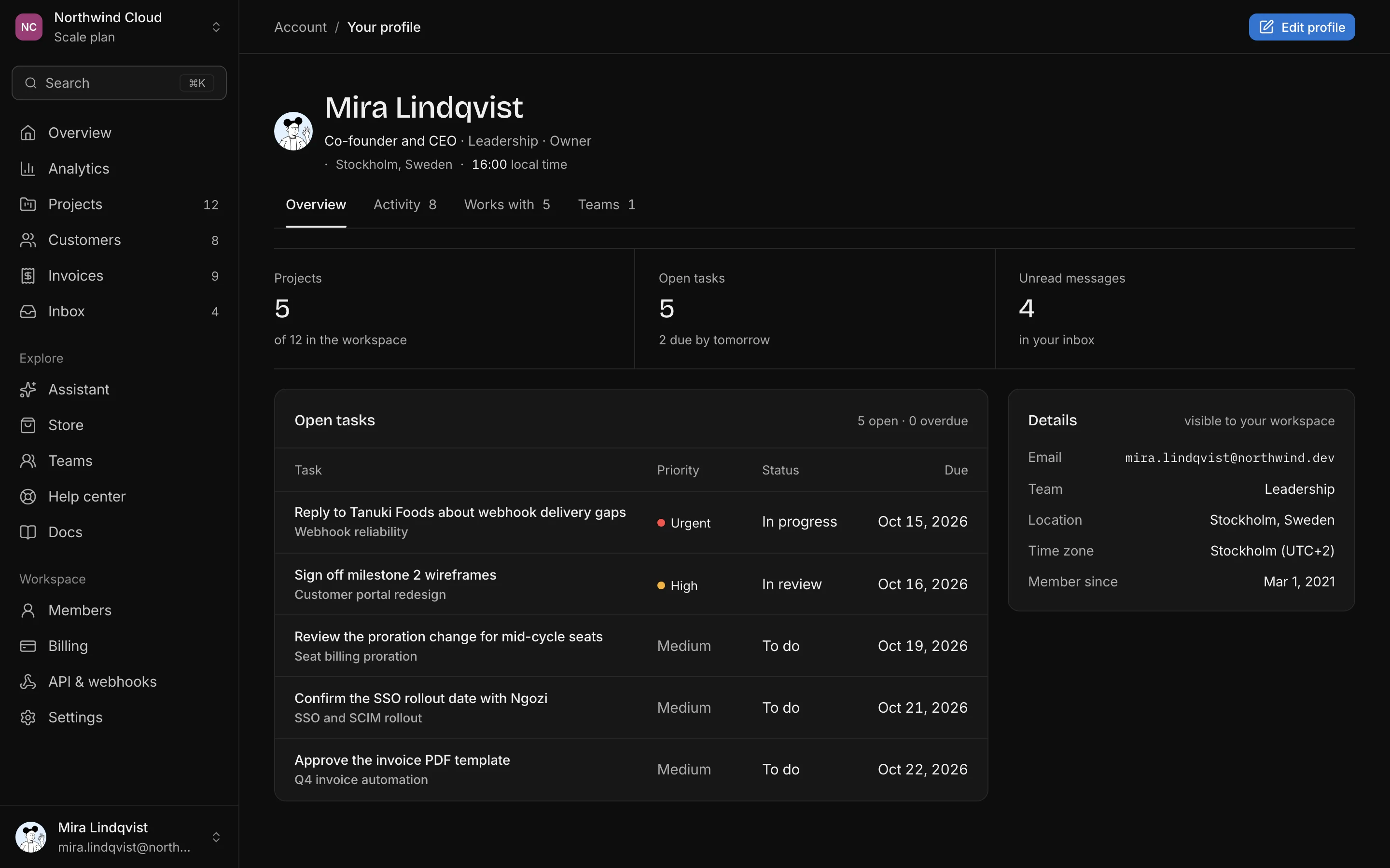 Profile overview, dark mode