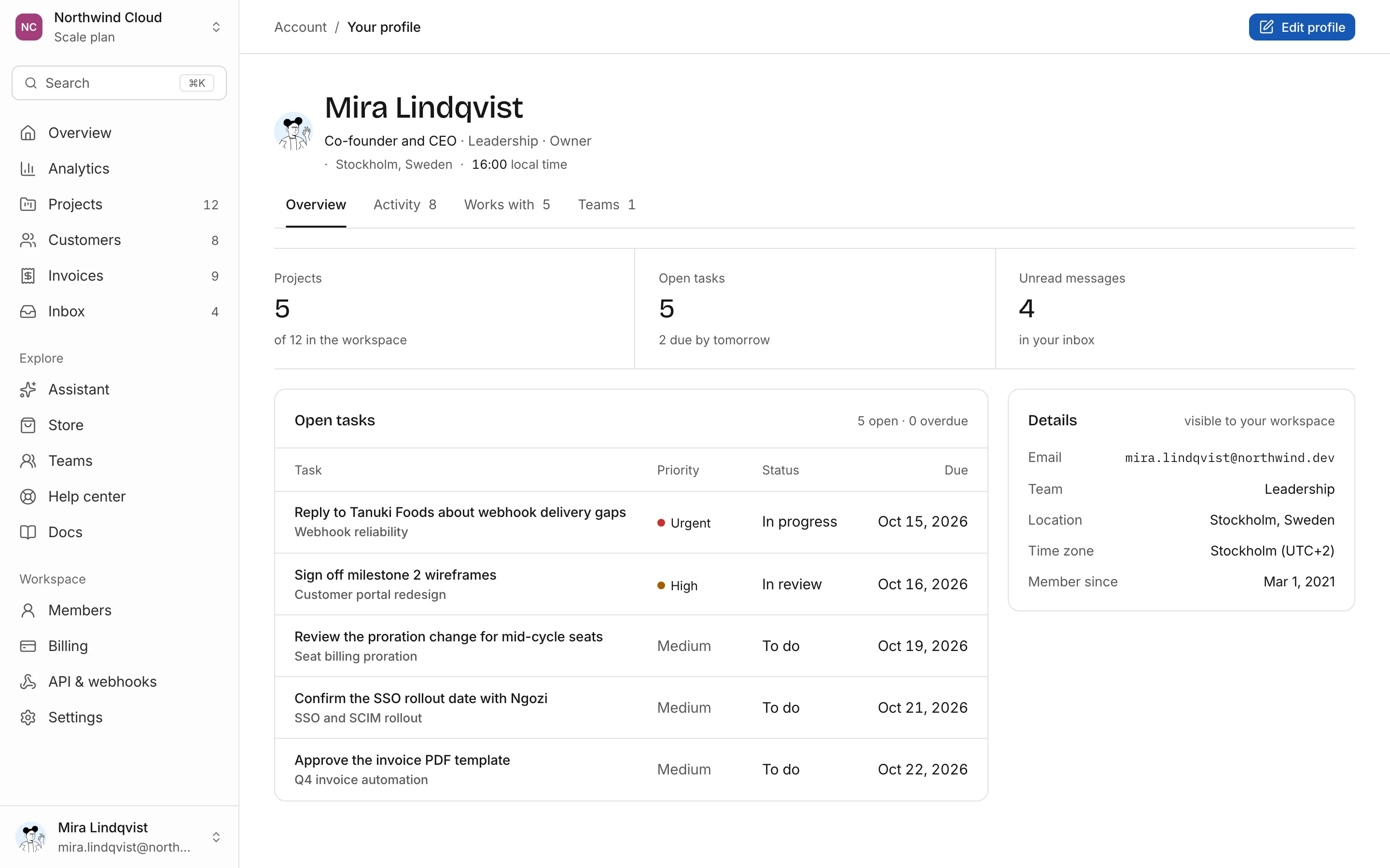 Profile overview, light mode