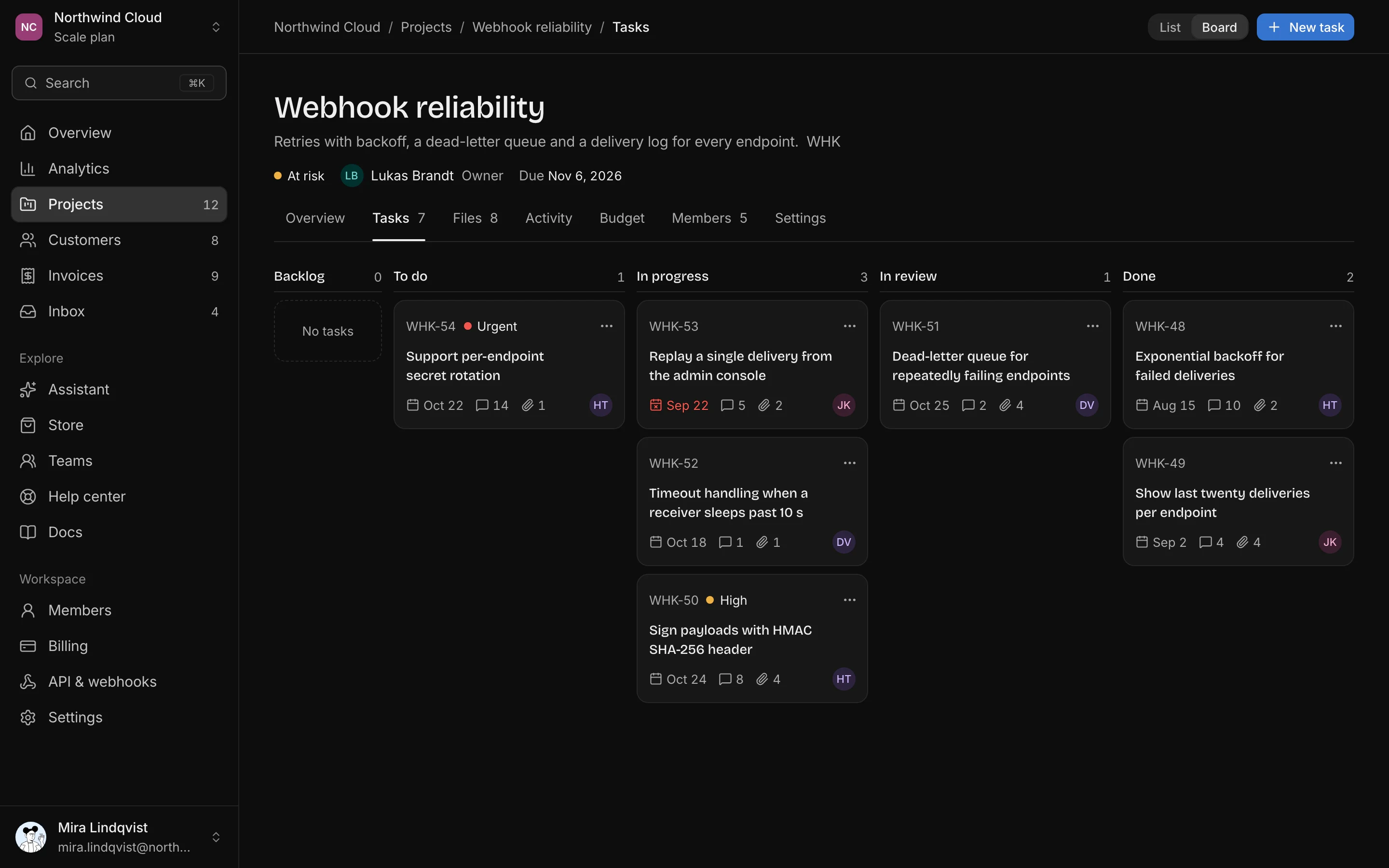 Projects board, dark mode