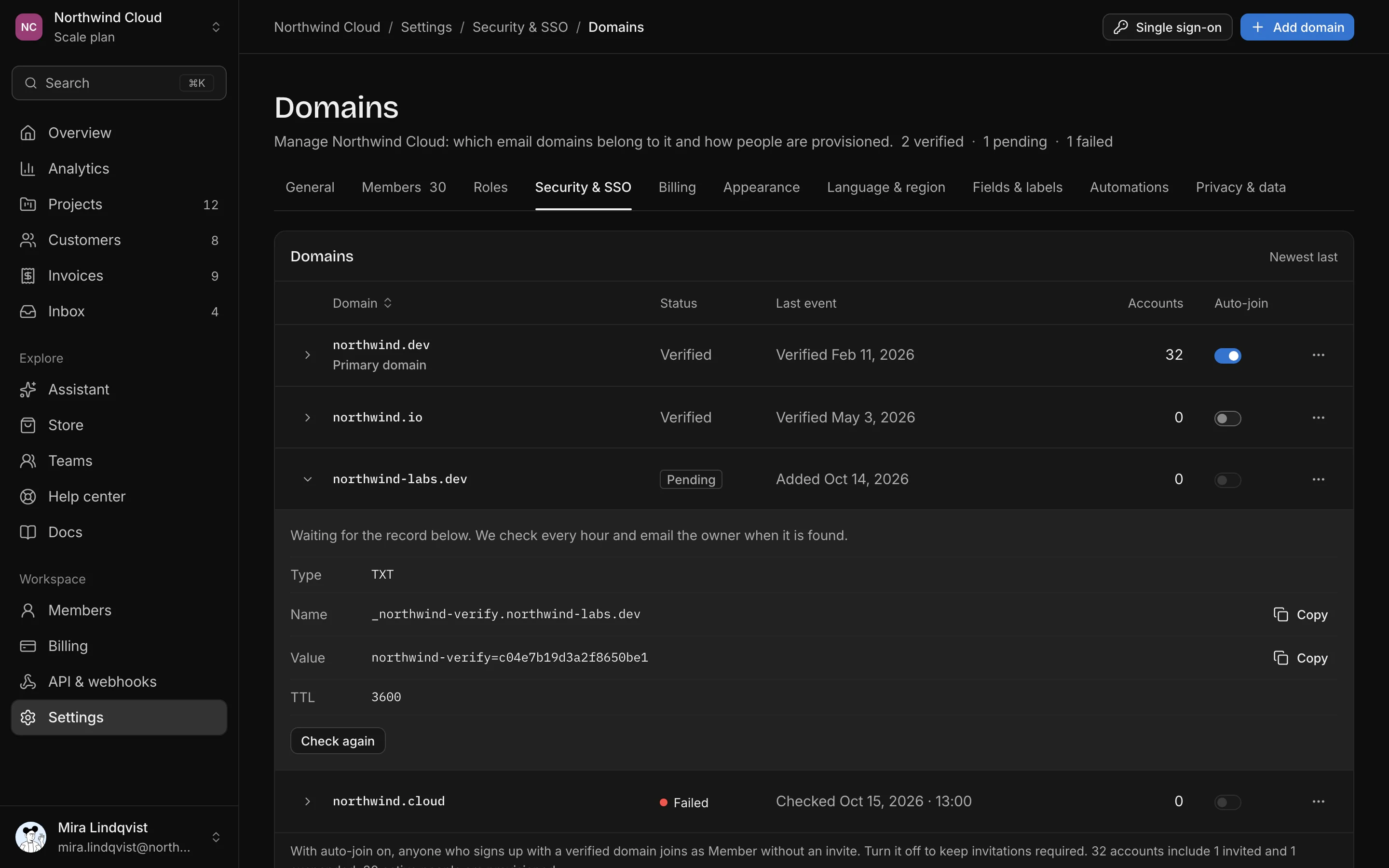 Domains and provisioning, dark mode