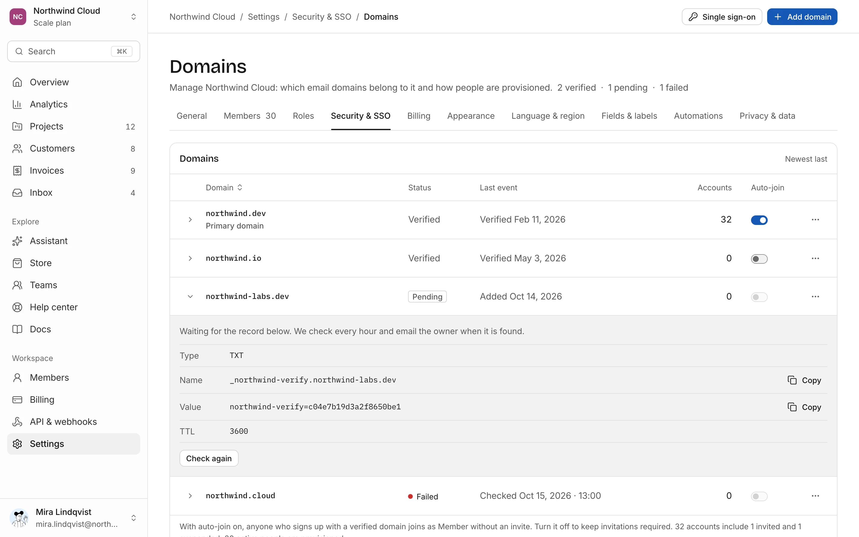 Domains and provisioning, light mode