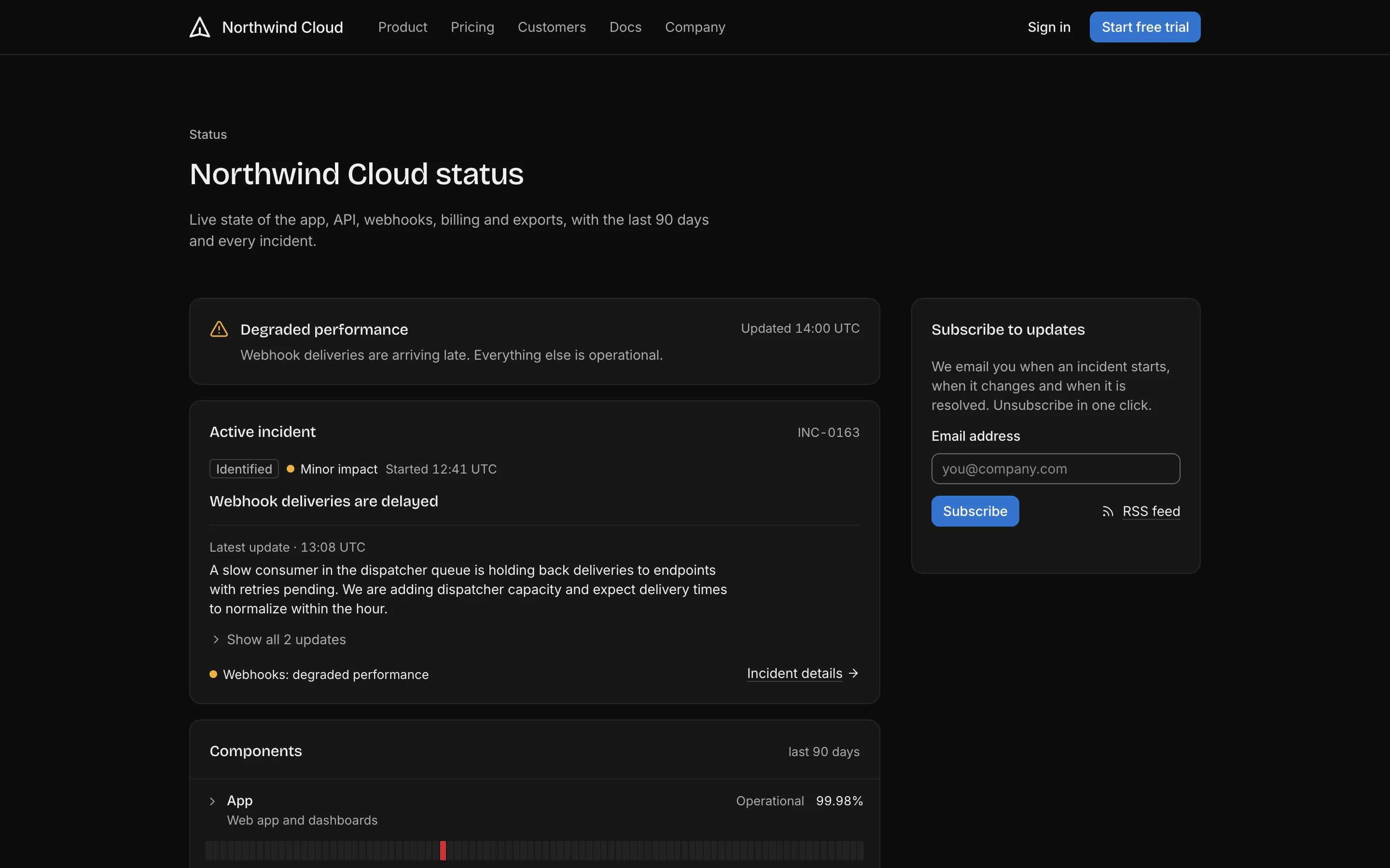 Status page, dark mode