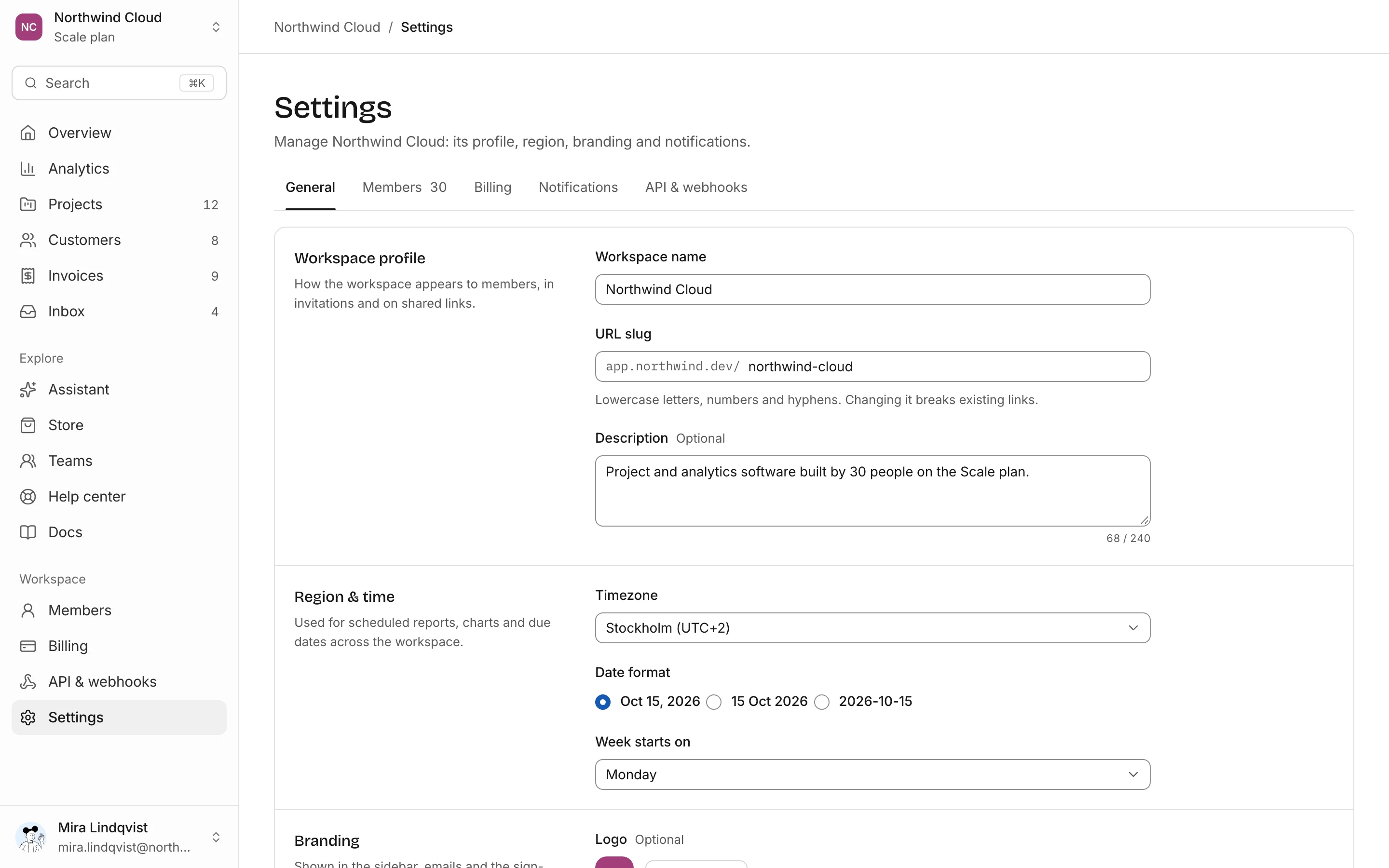 Workspace settings, light mode